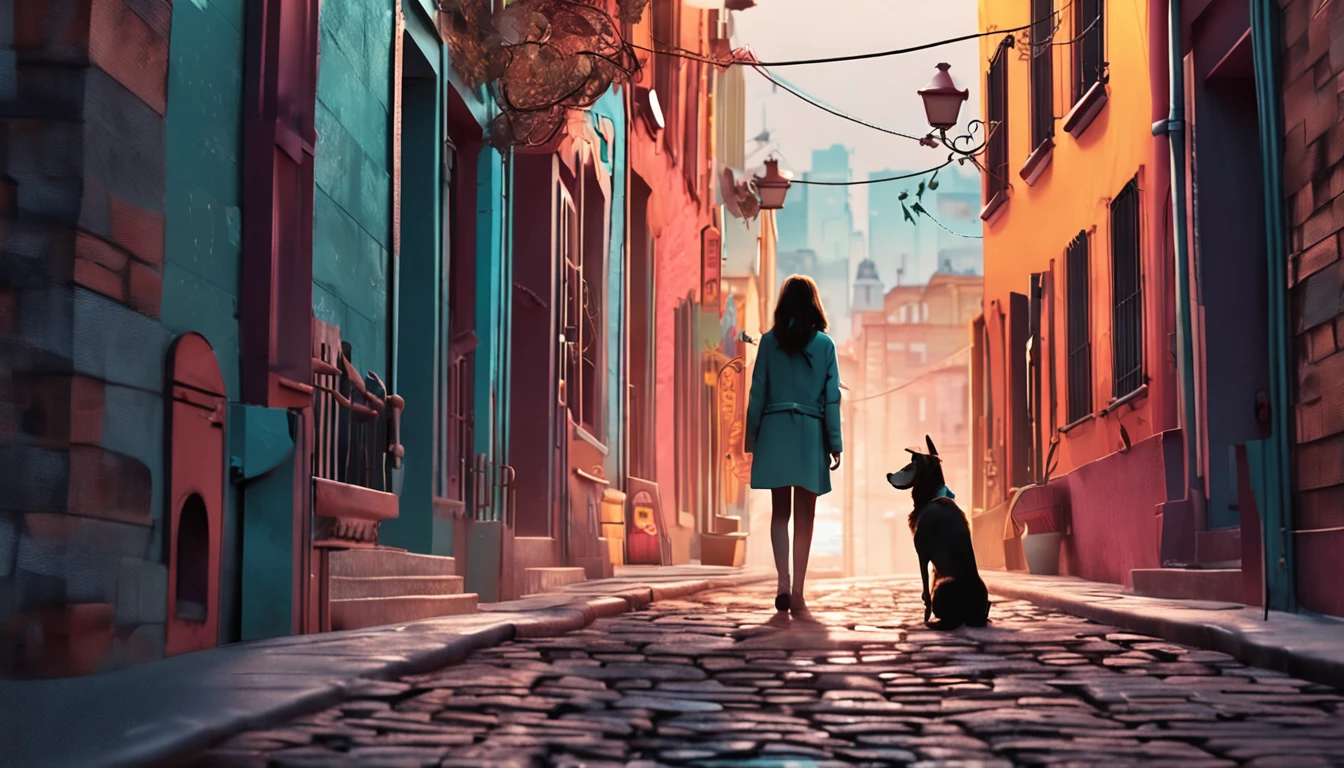 A girl leads a dog standing next to an electric lamppost，hand painted style