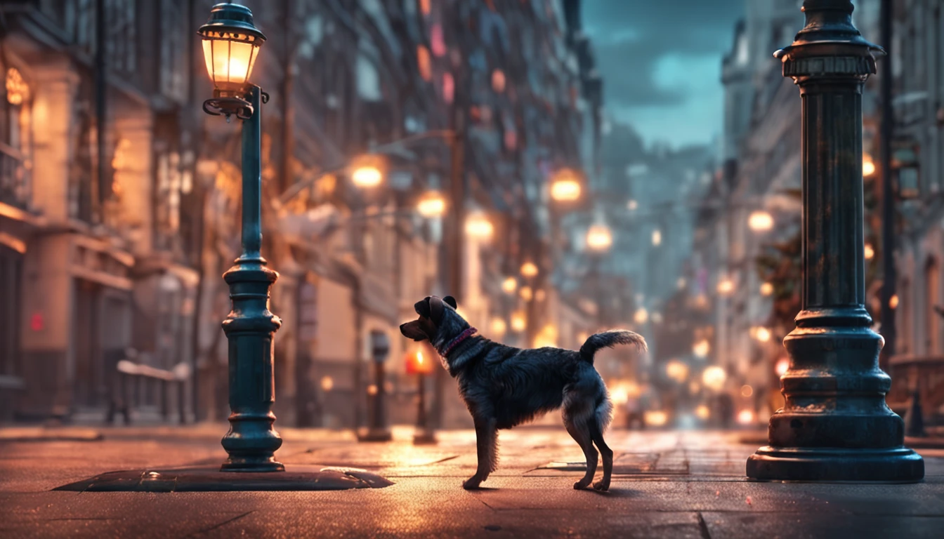 A girl leads a dog standing next to an electric lamppost，hand painted style