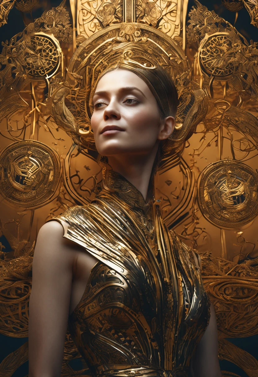 hyper realism, beautiful, photo realistic, detailed, art nouveau, girl like Alex Garland, wearing a golden and black robe with calligraphy on it, ultra detailed, photorealistic, highly detailed, cinematic, 8k --ar 9:16