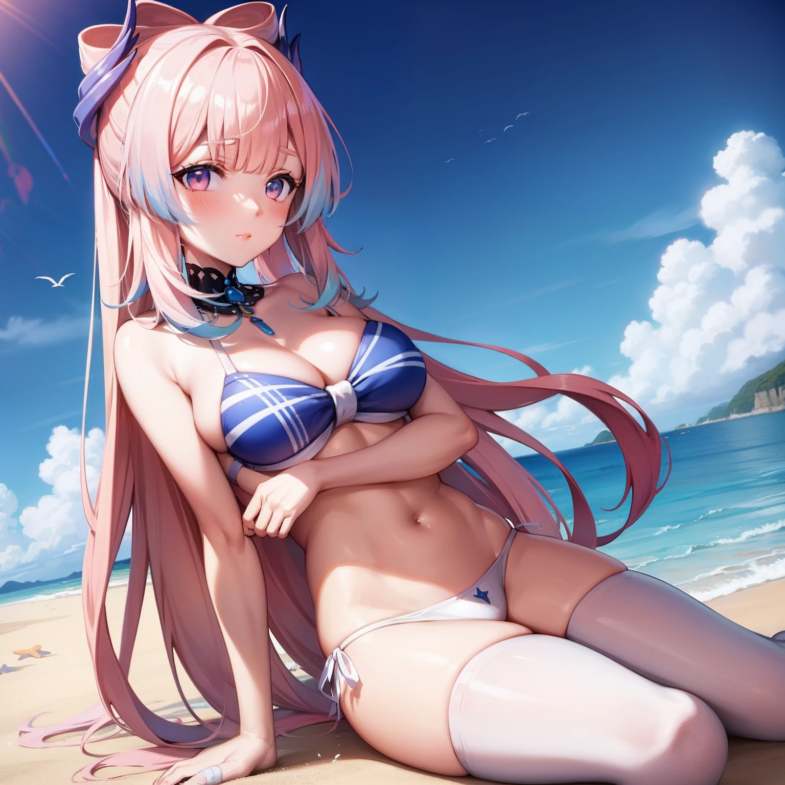 Beach beach bikini girls,Fair skin,Snow-white eyes of wisdom,Exquisite facial features,laying on a beach,Make sand sculptures,white panties,Pink hair,long hair floating in the wind,Legs adducted,cradling hands,Hair on the chest