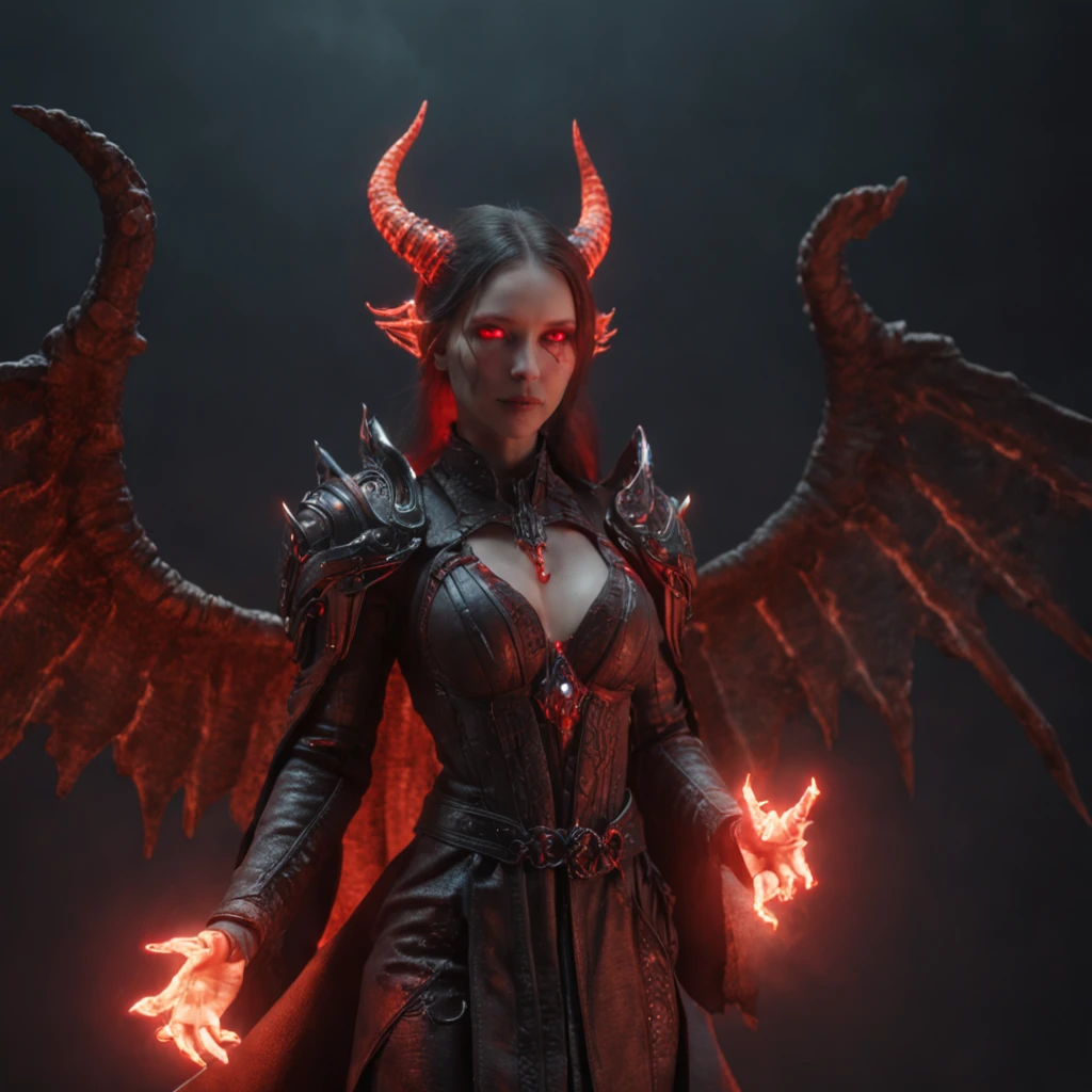 (Many award-winning masterpieces，The details are incredible, textures and maximum detail), (Hyper-realistic: 1.4), (Realistic: 1.3), （cyber punk perssonage），Mechanical dare，A combination of futuristic technology and magic，(Highest quality authentic textured skin), Fantasy theme, Black clothes, Black cloak, Network elements, Red light, Blue light, finerly detailed face, ((medieval world)),A close-up of a woman，(Lord's Flame Demon)), (((Lord's Hellfire Demon)))  (With a mischievous smile on his face), (Glowing eyes in the dark: 1.5), (A pair of black eyes，A strong red light is emitted from the inside) :1.5), (full-body standing image: 1.5), (Dramaticlight), Wings, (A majestic sight), (Her face is gentle and beautiful, but somehow terrifying), Ears Wear glass earrings, (Dramatic photo: 1.4), (Full body portrait: 1.5), ((dramatic pose)), (blond hairbl), (Silver hair), (Maroon hair), Short hair, ((Looking up)) , ((Look down)), (A simple necklace of exquisite workmanship hangs around the neck), (Bioluminescence that emits a bright glow: 1.3), (Use gorgeous fire magic: 1.2), (swirling fire), Devil's Cathedral, The Devil's Grand Shrine, great temple, great cathedral, Temple ruins, Freestanding temple, (Luminous magic circle), Ancient Castle Site, Shine majestic clouds and sky, Lightning, Epic reality, fading, art, (greg rutkovsky: 0.8), (Teal and orange: 0.4), (art  stations: 1.5), Cinematic, ((com cores neutras)), (hdr: 1.5), (Pastel colors: 1.2), Ultra detailed, Dramaticlight, (complexdetails: 1.1), the complex background,
