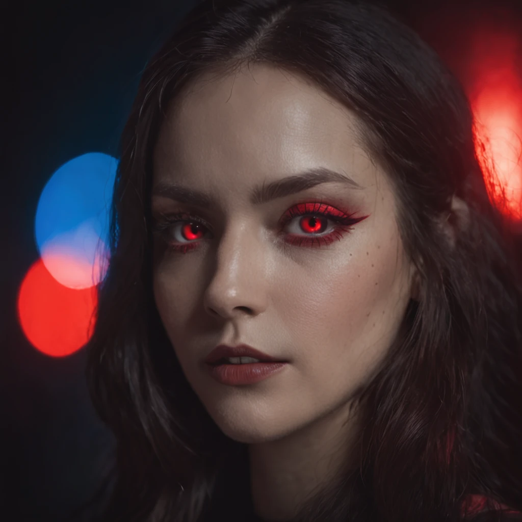 Close-up of a portrait of a woman,cyber punk perssonage,Magic Wings,The incarnation of the devil,Dramatic lighting,Red and blue lights,darkly,divino,perfect compositions,cinmatic lighting,Ultra-delicate skin,