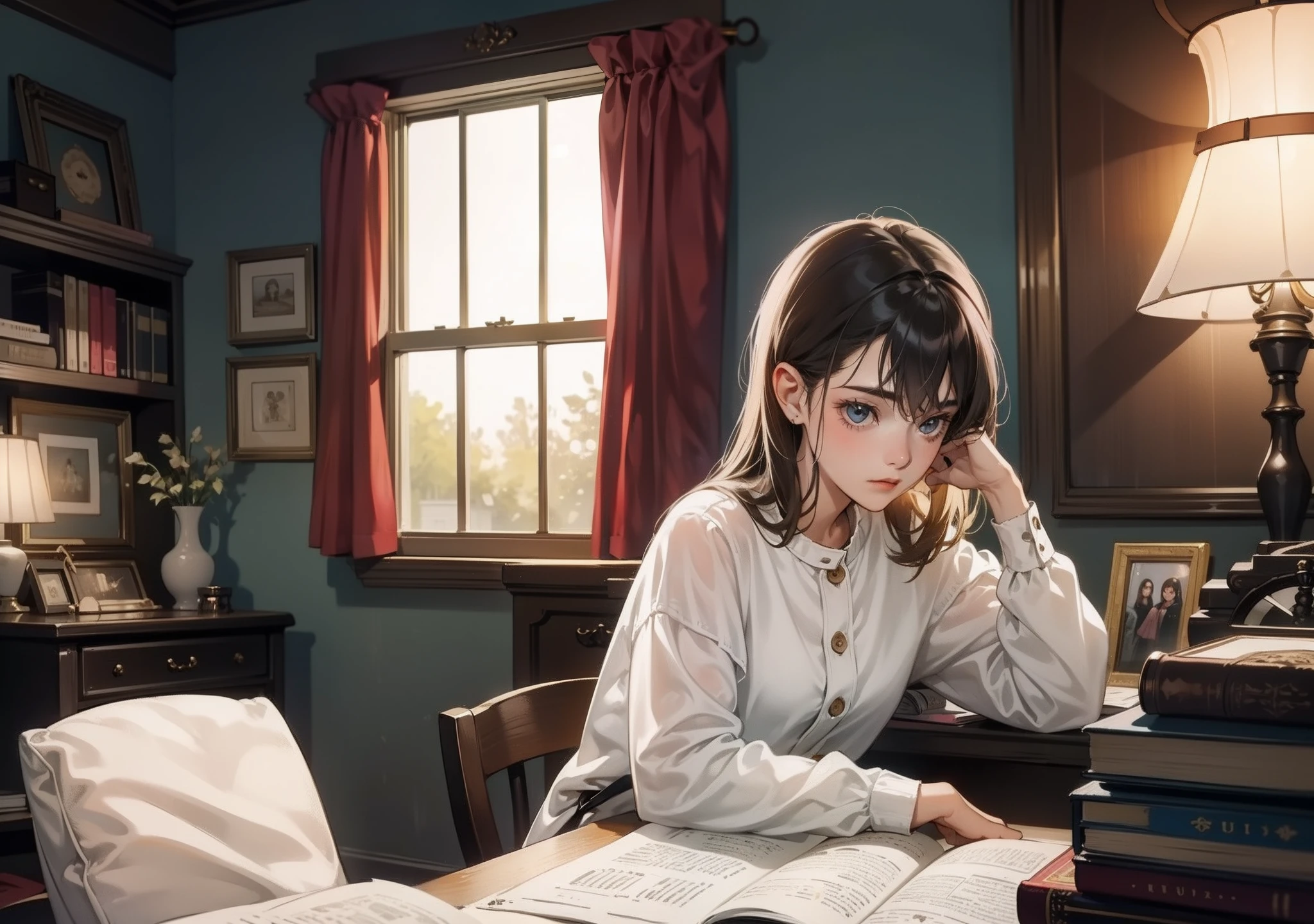 "Create a quiet scene in a girl's room, illuminated by a soft lamp light. The girl is sitting at her desk, rodeada de libros y apuntes. The atmosphere is steeped in nostalgia, with an old turntable playing LO-FI music in the background, mientras la lluvia golpea suavemente la ventana."