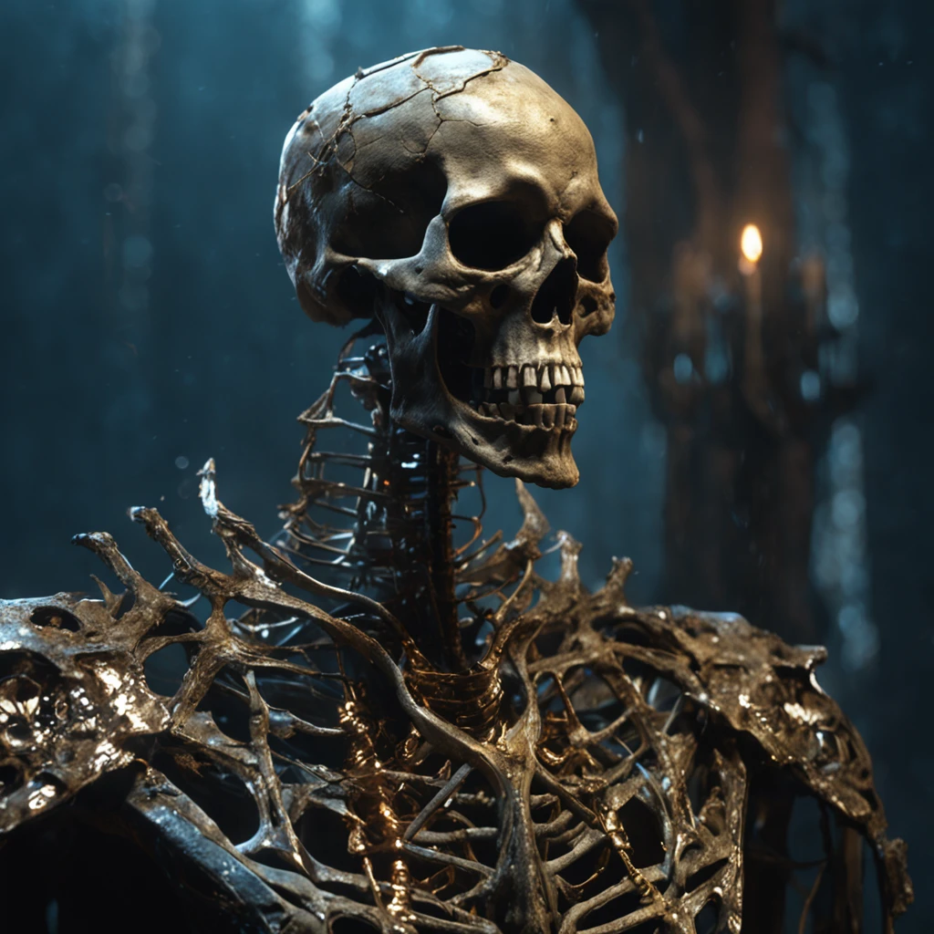 Movie scene, close-up shot of the half-length of the skeleton mage, he is wearing a blue robe, (bright gold head ring: 2), rotted to the point where only the skeleton remains, releasing death ripples, distorted space, the background is distorted undead, the lens Flares, light shafts, intricate details, highly detailed, volumetric lighting, 4k rendering, gorgeous and beautiful reflections, hyper realistic, realistic textures, dramatic lighting, Unreal Engine