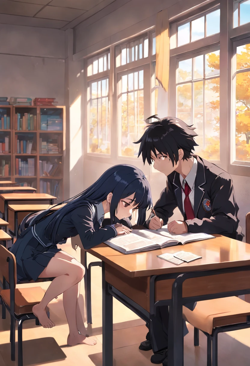 Two high school students,One is the long black and red hair of an anime girl sitting in a classroom in a school uniform,Sleep on the table,The other is an anime boy with short black hair and a school uniform,Two high school students had a stack of books in front of them,The sun is shining outside the window, Boy looking at girl