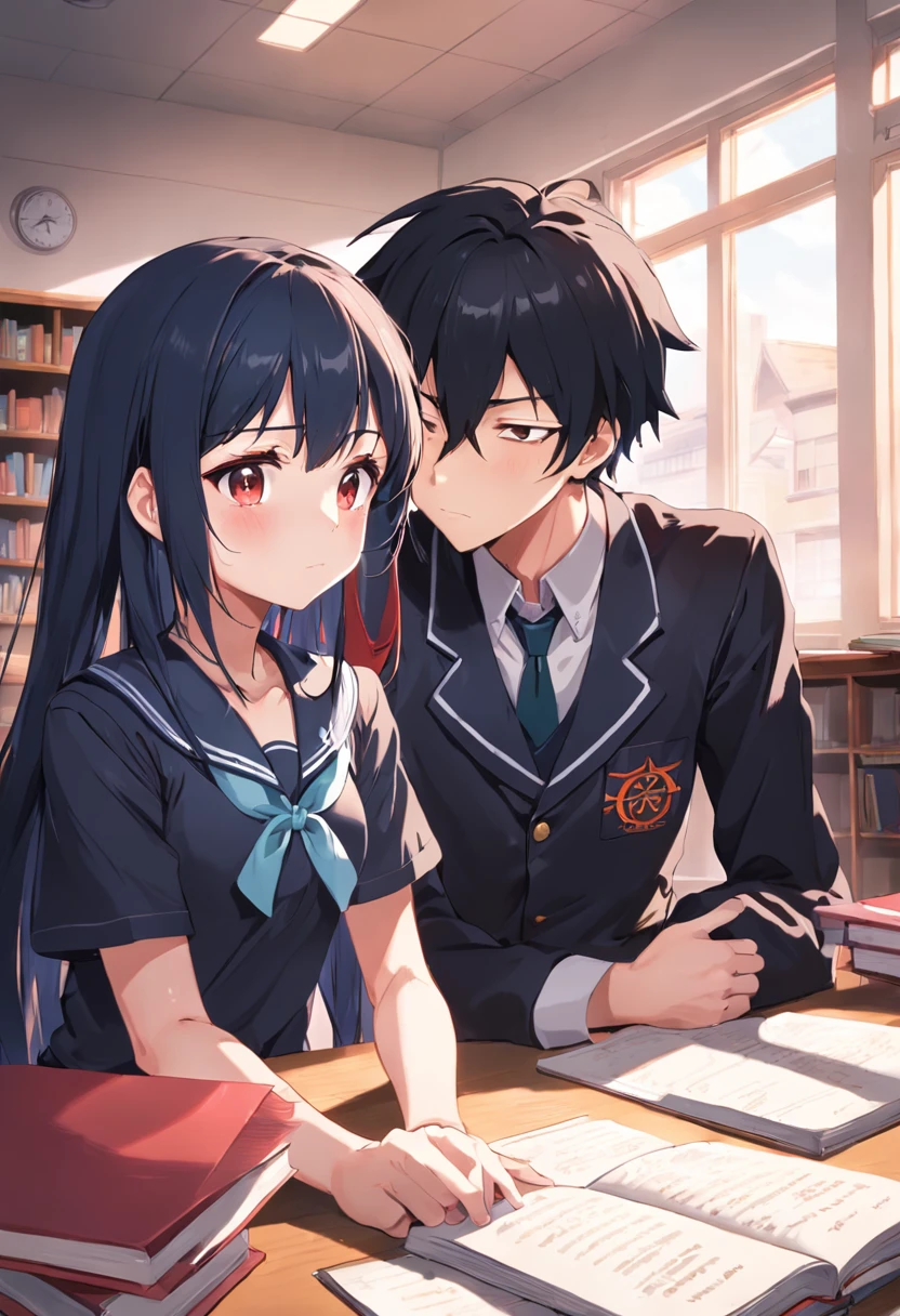 Two high school students，One is the long black and red hair of an anime girl sitting in a classroom in a school uniform，Sleep on the table，The other is an anime boy with short black hair and a school uniform，Two high school students had a stack of books in front of them，The sun is shining outside the window, Boy looking at girl