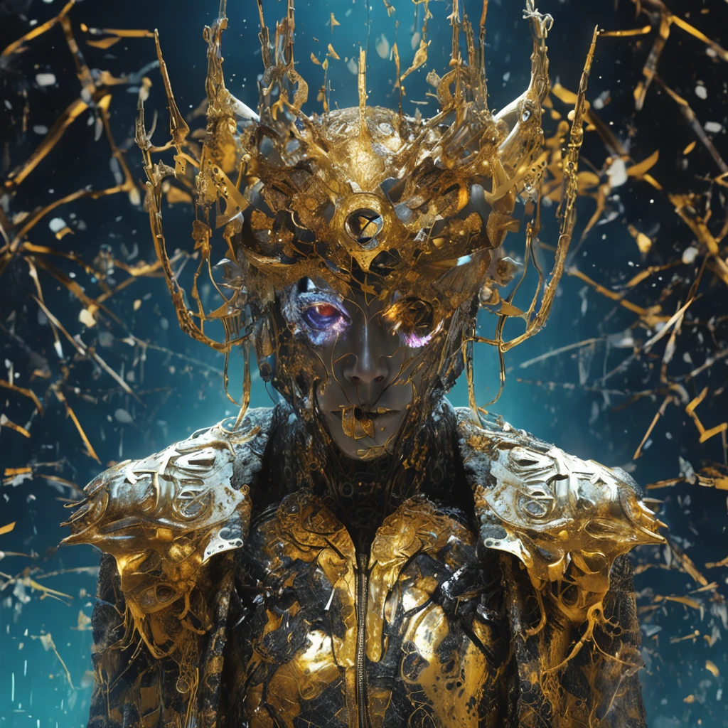 1man, good shape, a surreal paint splatter painting of the kinginyellow wearing a cloak and a mask, antlers, crown, cosmic background, gold and white and black color scheme, a bad woman in a futuristic suit with a ((skeleton head)) ((which disintegrates)), cybernetic, cyberpunk art, computer art, detailed eyes, (highly detailed skin:1.2), (realistic lighting:1.1), (realistic shadows:1.1), ((best quality)), (detailed), 8k uhd
