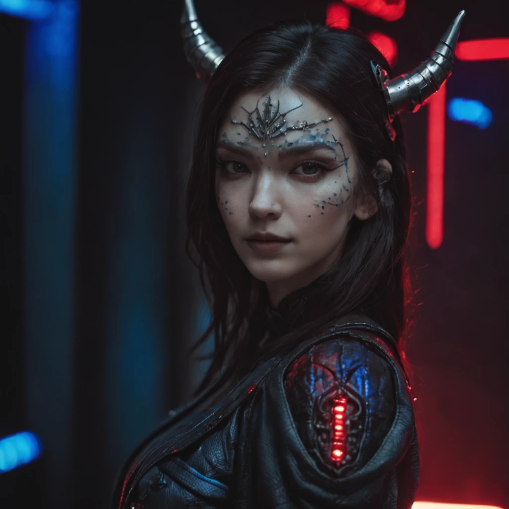 Close-up of a portrait of a woman,cyber punk perssonage,Wings of Magic,The devil incarnate,Dramatic lighting,Red and blue lights,darkly,divino,perfect compositions,cinmatic lighting,Ultra-delicate skin,Magical world,In a dark castle,A combination of magic and alien technology,wings,sportrait,whaite hair,