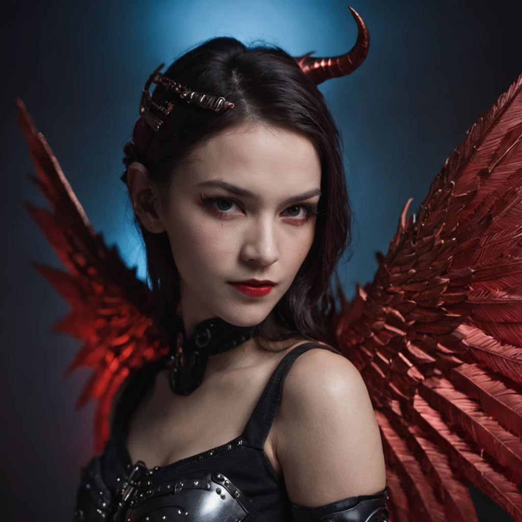 Close-up of a portrait of a woman，cyber punk perssonage，Wings of Magic，The devil incarnate，Dramatic lighting，Red and blue lights，darkly，divino，perfect compositions，cinmatic lighting，Ultra-delicate skin，Magical world，In a dark castle，A combination of magic and alien technology，wings，sportrait，whaite hair，