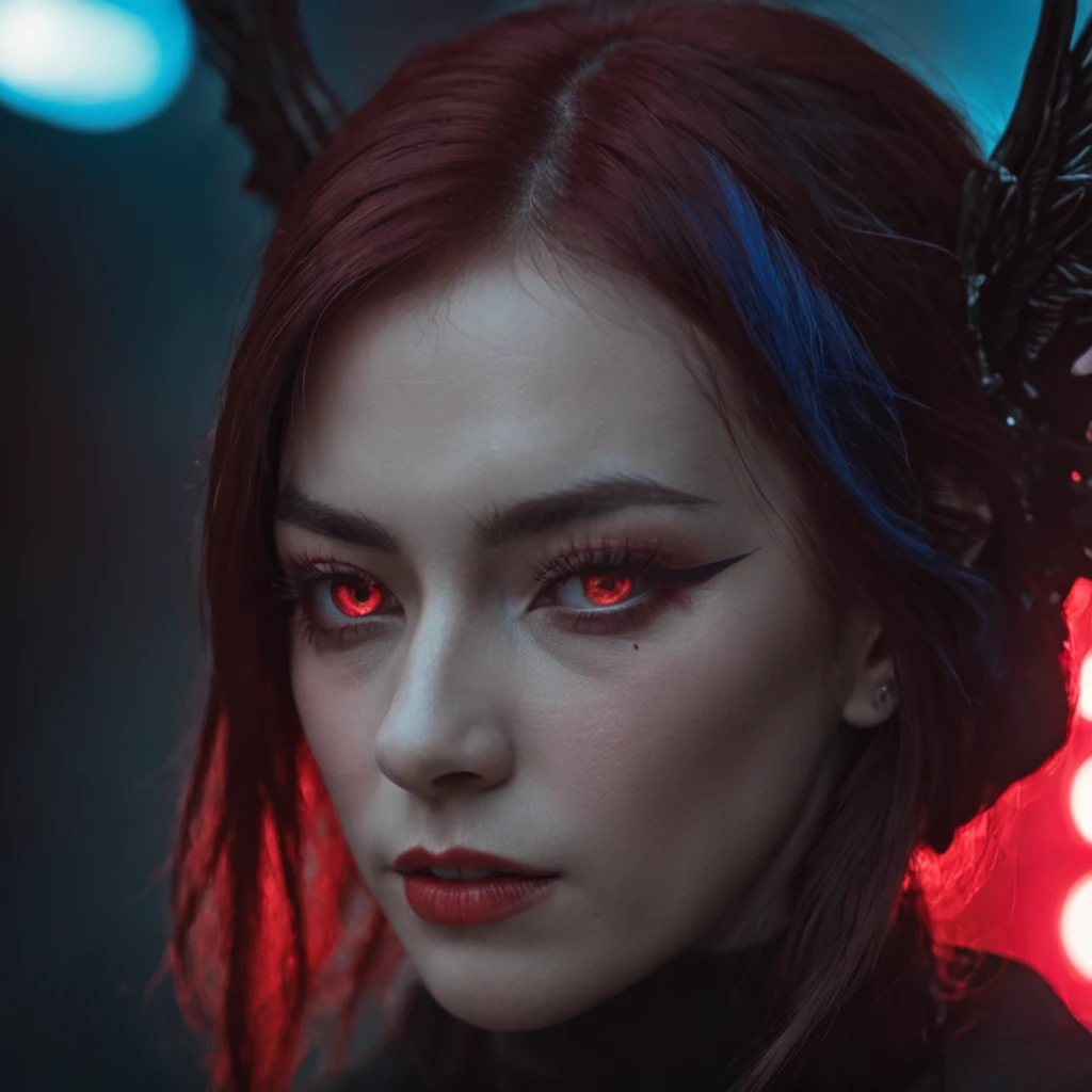 Close-up of a portrait of a woman，cyber punk perssonage，Wings of Magic，The devil incarnate，Dramatic lighting，Red and blue lights，darkly，divino，perfect compositions，cinmatic lighting，Ultra-delicate skin，Magical world，In a dark castle，A combination of magic and alien technology，wings，sportrait，whaite hair，