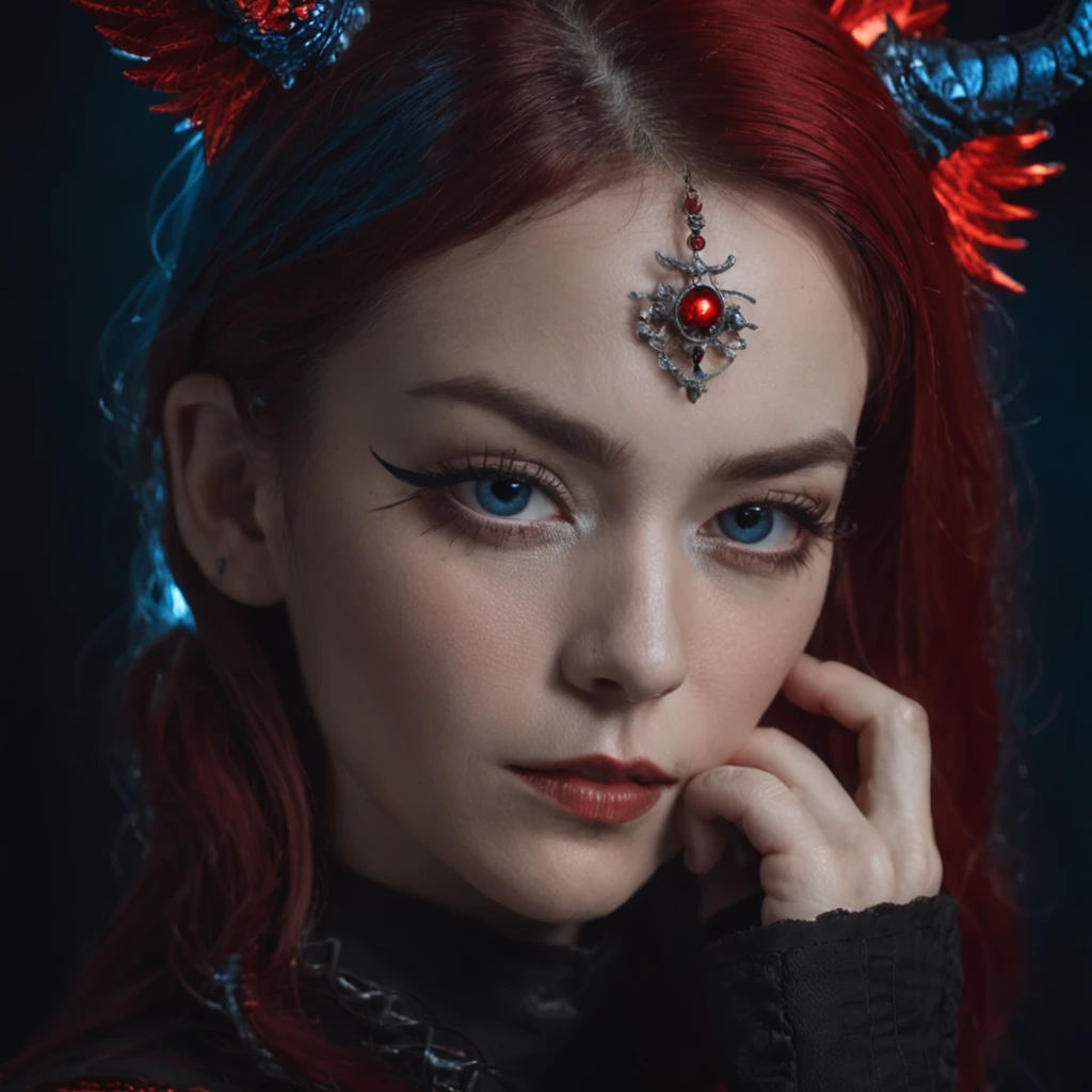 Close-up of a portrait of a woman，cyber punk perssonage，Wings of Magic，The devil incarnate，Dramatic lighting，Red and blue lights，darkly，divino，perfect compositions，cinmatic lighting，Ultra-delicate skin，Magical world，In a dark castle，A combination of magic and alien technology，wings，sportrait，whaite hair，