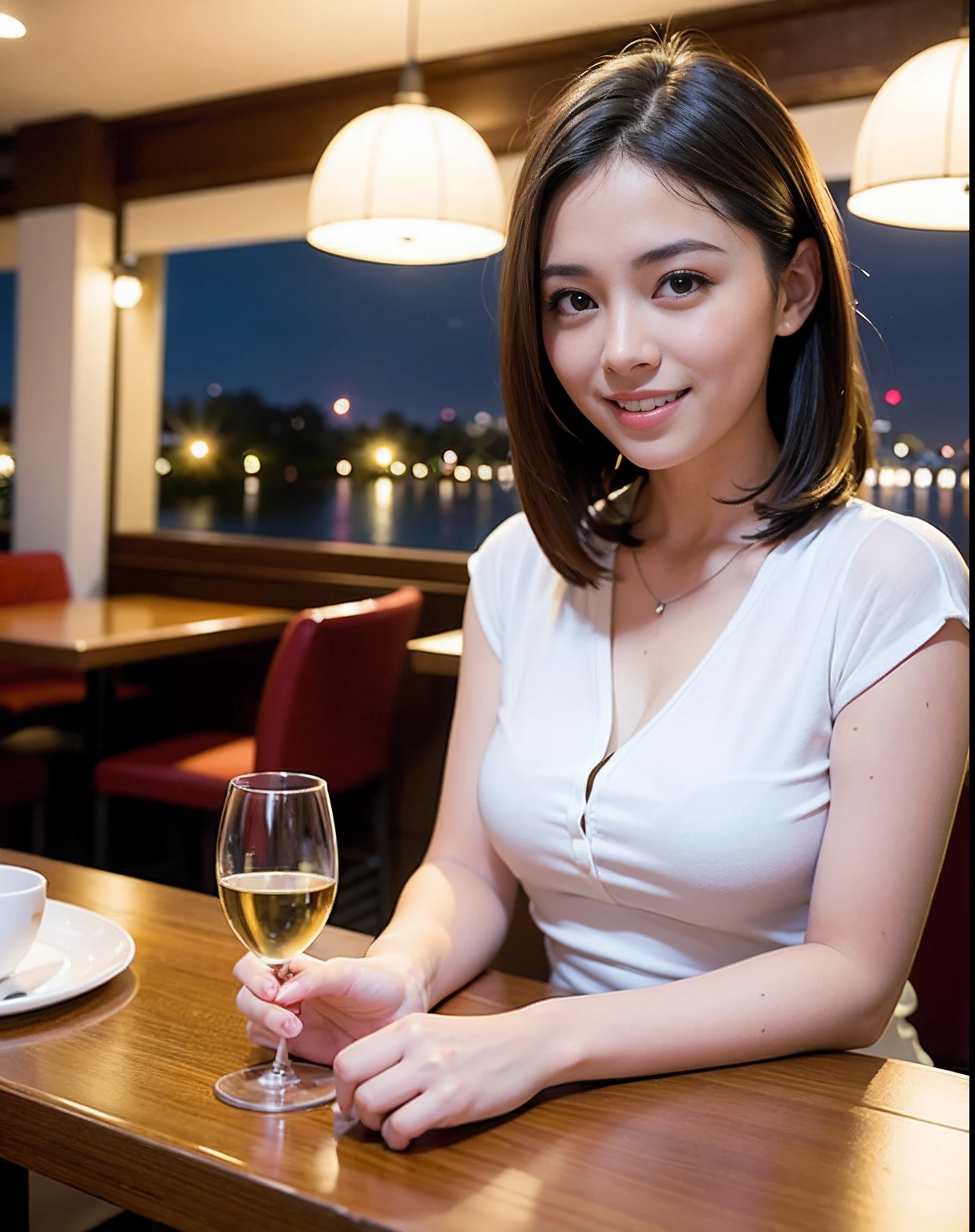 (64k uhd, nffsw, of the highest quality, masutepiece: 1.2), (Realistic, Photorealistic: 1.37), 1 pretty woman, (Slim Face), (Slim body), (Brown hair), (short-cut), cheeks blush a little, (44 years old), 38 years, Solo, A beautiful and detailed night view spreads out outside the window.., restaurant, Sitting in a wine glass, At night, Novafrog style in a prominent place, actress, Model, waist-up, white wine, slim, wine glasses, Super clean night view, Wine glass placed in the middle, Happy smile, (Smile: 1.15), Beautiful fine eyes, Upper body, Bust Japan Up, Night, Short, Short, actress, Model, waist-up, white wine, slim, wine glasses, Super clean night view, Wine glass placed in the middle, Happy smile,