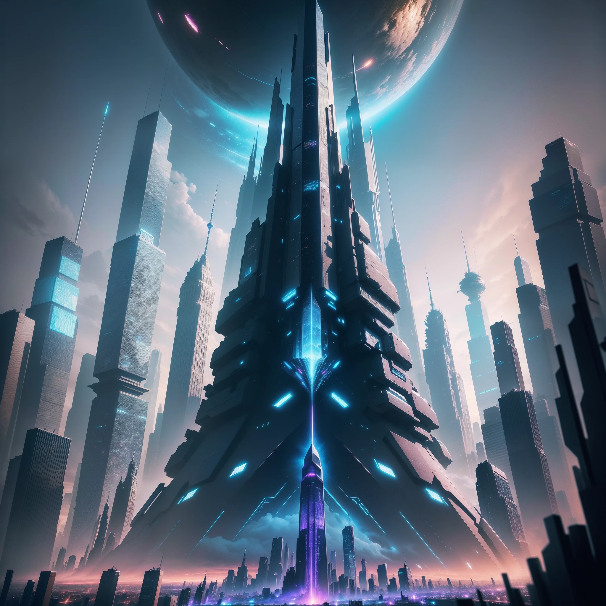 Including the Sky-Reaching Crystal Tower、Illustration of a surreal and otherworldly super-sky scene、High texture detail、8k、top-quality、cyberpunked、Futuristic city(Cinematic Look:1.4)、Futuristic cityscape with sophisticated aerodynamic vehicles galloping through the sky