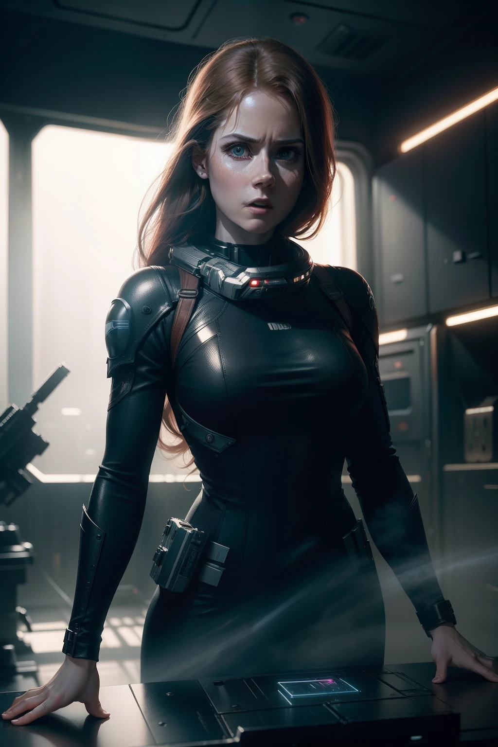 Hot terrified Amy Adams holding a sci fi blaster on Ishimura Horror Space Ship photography, natural light, photorealism, cinematic rendering, ray tracing, the highest quality, the highest detail, Cinematic, Third-Person View, Blur Effect, Long Exposure, 8K, Ultra-HD, Natural Lighting, Moody Lighting, Cinematic Lighting