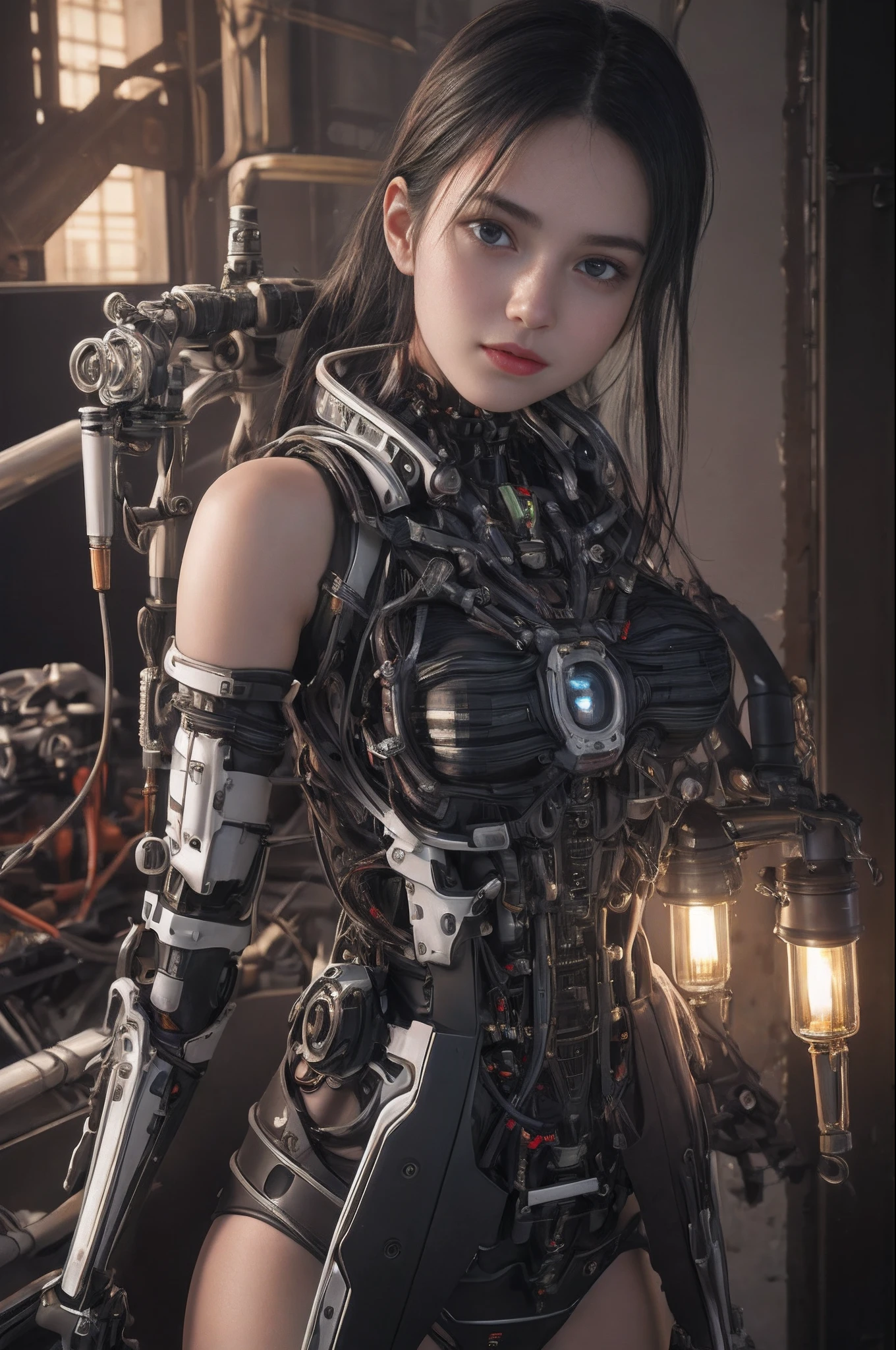 最好质量、巨作、ultra-high-resolution、(photoreallistic:1.4)、Raw photo、1 girl with big、Black hair、glowy skin、1 Mechanical Girl、((hyper realistic detail))、portlate、Global Illumination、Shadow、octane rend、8K、ultrasharp、big tit、Raw skin is exposed in cleavage、metals、Details of complex ornaments、Steampunk details、Analog Meter、cog、gear、Golden hydraulic cylinder、hyper intricate details、Realistic light、CGSoation Trends、purple colored eyes、eyes glowing、Facing the camera、neon details、Mechanical limbs、blood vessels connected to tubes、Mechanical vertebrae attached to the back、mechanical cervical attaching to neck、sitting on、Wires and cables connecting to the head、vacuum tubes、meter、evangerion、Small LED lamp、The background is a steampunk city、