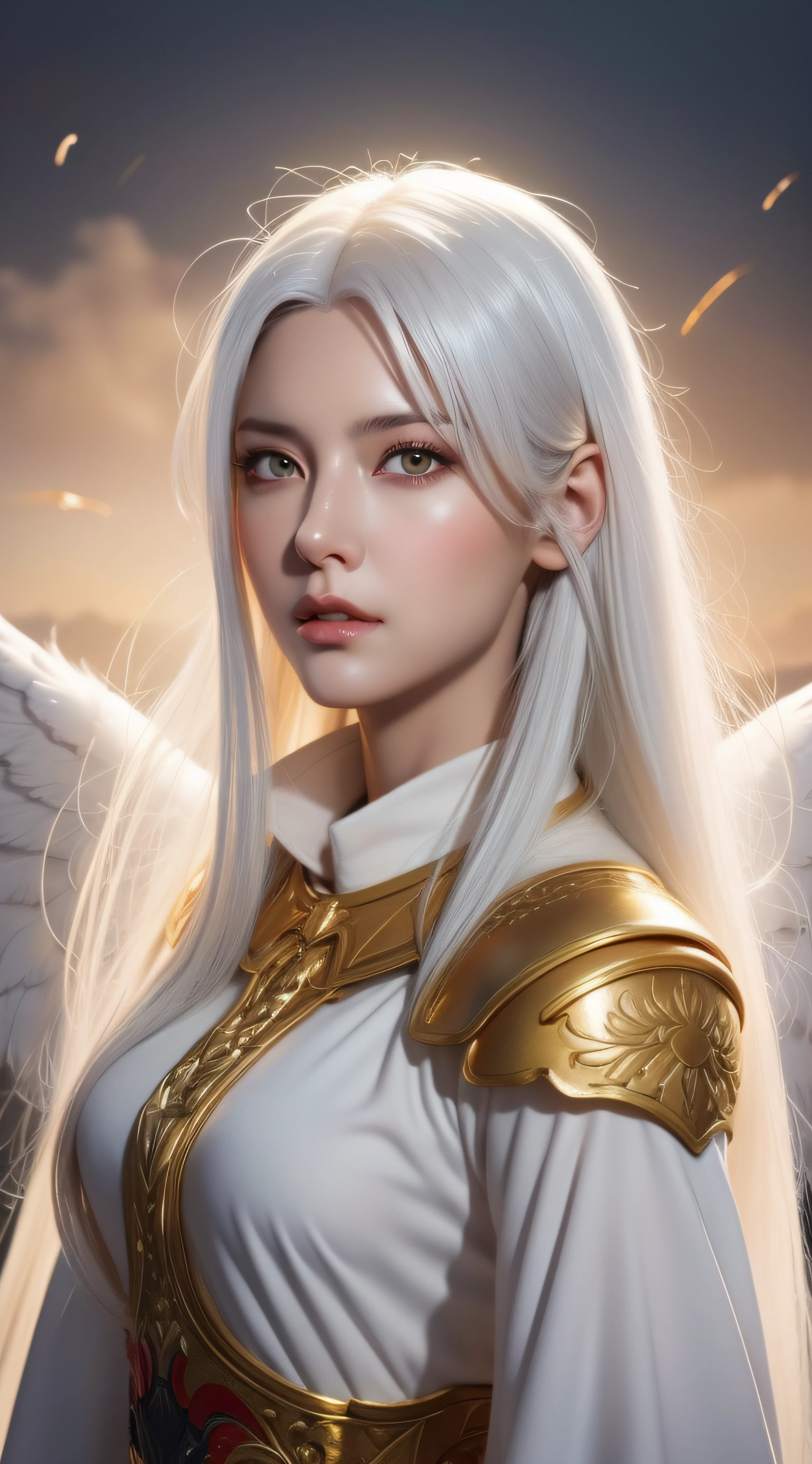 illustration by wlop, oil painting, heaven background, 1girl, fighting_stance, white hair, golden eyes, long hair, halo, angel wings, serene expression, looking at viewer, pixiv, masterpiece, best quality, extremely detailed, 8k
