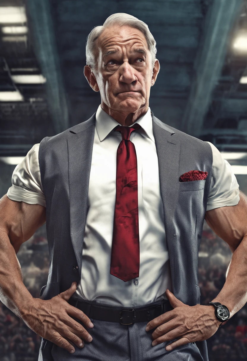 ron paul, body builder, muscular, tight sleeveless 3 piece suit, photo realistic, 8k resolution, highly detailed, masterpiece, yelling at politicians, strangling politicians