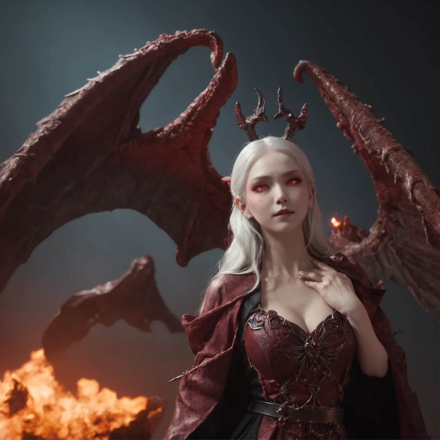 (Many award-winning masterpieces,The details are incredible, textures and maximum detail), (Hyper-realistic: 1.4), (Realistic: 1.3), (Highest quality authentic textured skin), Fantasy theme, Black clothes, Black cloak, Network elements, Red light, Blue light, finerly detailed face, ((medieval world)),A close-up of a woman,(Lord's Flame Demon)), (((Lord's Hellfire Demon))) (With a mischievous smile on his face), (Eyes that glow in the dark: 1.5), (A pair of black eyes,A strong red light is emitted from the inside) :1.5), (full-body standing image: 1.5), (Dramaticlight), Wings, (A majestic sight), (Her face is gentle and beautiful, but somehow terrifying), Ears Wear glass earrings, (Dramatic photo: 1.4), (Full body portrait: 1.5), ((dramatic pose)), (blond hairbl), (Silver hair), (maroon hair), Short hair, ((Looking up)) , ((Look down)), (A simple necklace of exquisite workmanship hangs around the neck), (Bioluminescence that emits brilliant light: 1.3), (Use gorgeous fire magic: 1.2), (swirling fire), Devil's Cathedral, The Devil's Grand Shrine, great temple, great cathedral, Temple ruins, Freestanding temple, (Glowing magic array), Ancient Castle Site, Shine majestic clouds and sky, Lightning, Epic reality, fading, art, (greg rutkovsky: 0.8), (Teal and orange: 0.4), (art stations: 1.5), Cinematic, ((com cores neutras)), (hdr: 1.5), (Pastel colors: 1.2), Ultra detailed, Dramaticlight, (complexdetails: 1.1), the complex background,