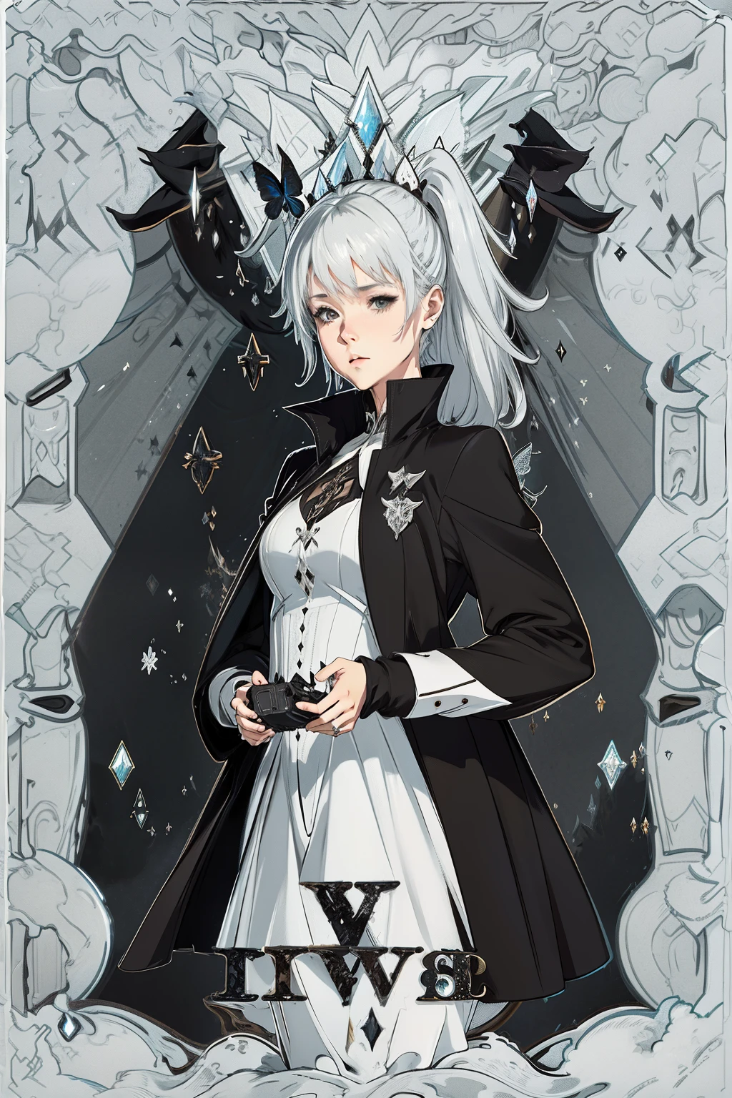 White shirt black coat girl, ultra - detailed , Fantastical,Many black butterflies,Fantasy world,Not exposed,white shirt,blacksuit,The left side is tied into a ponytail,Gray hair,fantasy concept art,In black suit,Gray hair,With gray eyes