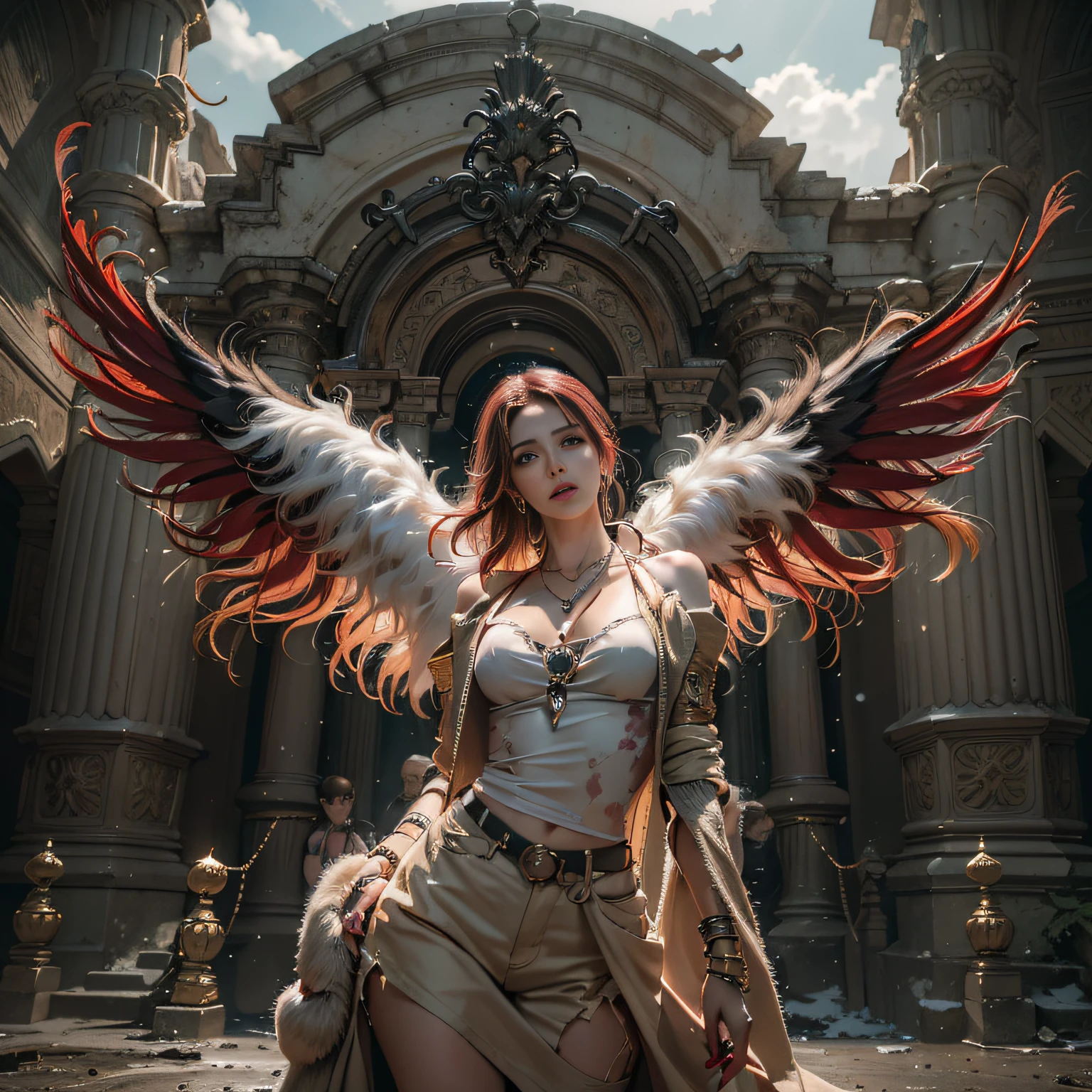 (Numerous award-winning masterpieces of, With incredible details, textures and maximum detail), (Ultra photo realsisim:1.4), (Realistic:1.3), (best quality real texture skin), (Fine true circle Symmetrical eyes), finerly detailed face, ((medieval world)), ((The Lord's Black Devil)), ((The Lord's White Devil)), (icy look in the eye), ((full-body standing image)), (She has a mischievous smile on her face), (Eyes that glow red in the dark:1.5), (The devil dances in the background), ((full-body portraits)), (Dramaticlight), (A majestic sight), (Her countenance is gentle and beautiful, but somehow terrifying), ((large wings,The feathers are behind the shoulders)), (((Folded wings))), Glass earrings on the ears, (((Dramatic photo))), (Twilight), (Sunset), (Dusk), (Seduction pose), ((dramatic pose)), (flamboyant photo), (Golden hair), (Silver hair), (Maroon hair), short detailed hair, ((head looking up)), ((Looking down)), ((gives full-body standing image)), (Around her neck is a simple necklace of exquisite workmanship), (swirling fire), (Spin lightning), (Swirling snow and ice), Old ruins infested with plants, great temple, great cathedral, Temple ruins, detached temple, Luminous magic circle, Ancient Castle Site, Deserted ruins, crumbling ruins, Ancient ruins with clear water, wavelets, running water, Shining majestic cloud masses and sky, salama, epic realistic, ((com cores neutras)), (hdr:1.5), (pastel colour:1.2), ultra - detailed, Cinematic, warm lights, Dramaticlight, (Intricate details:1.1), the complex background,