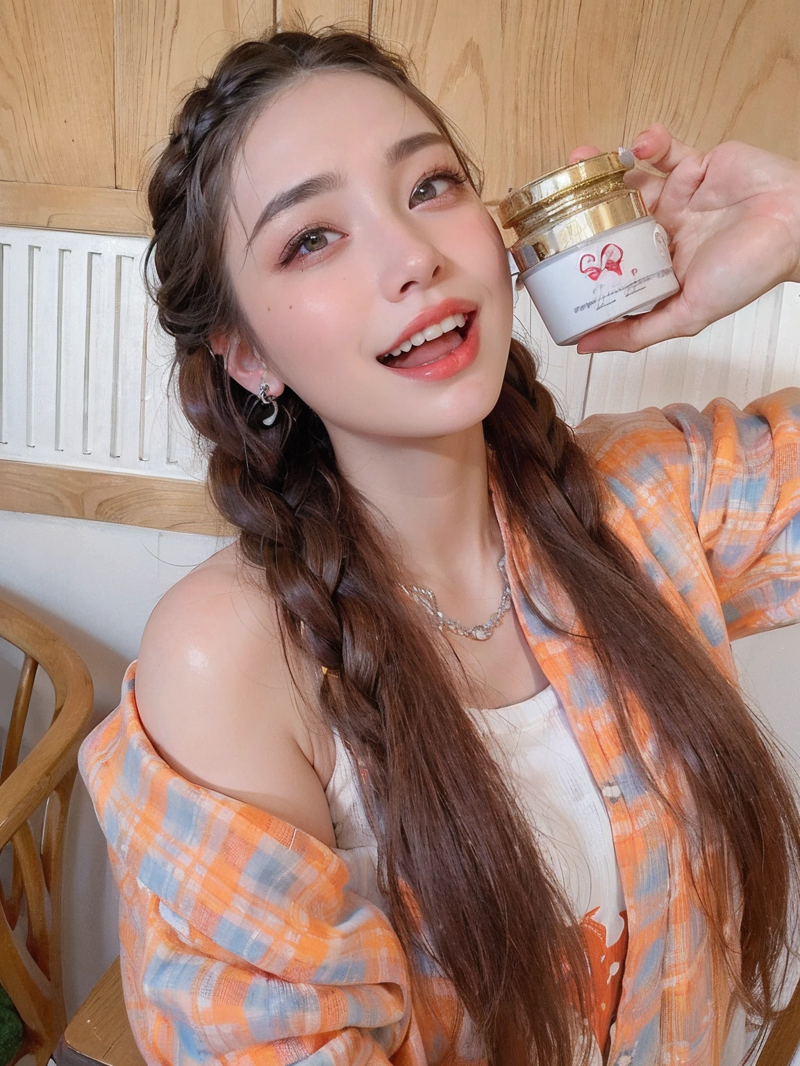 1girl,photorealistic,naughty face, white hair,rolling_eyes,ahegao, open mouth, evil smile, srtong wind,twin_braids, earrings, jewelry, animal,