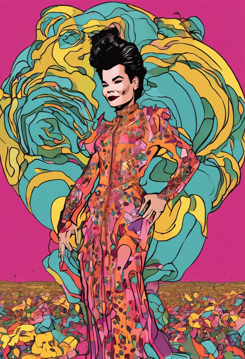 cantora bjork com roupas confortaveis cantando feliz em um show