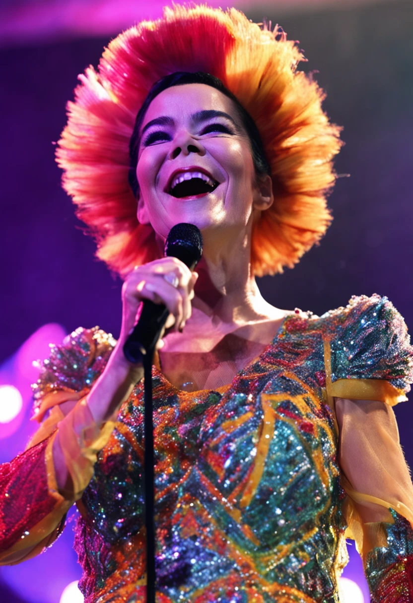 cantora bjork com roupas confortaveis cantando feliz em um show