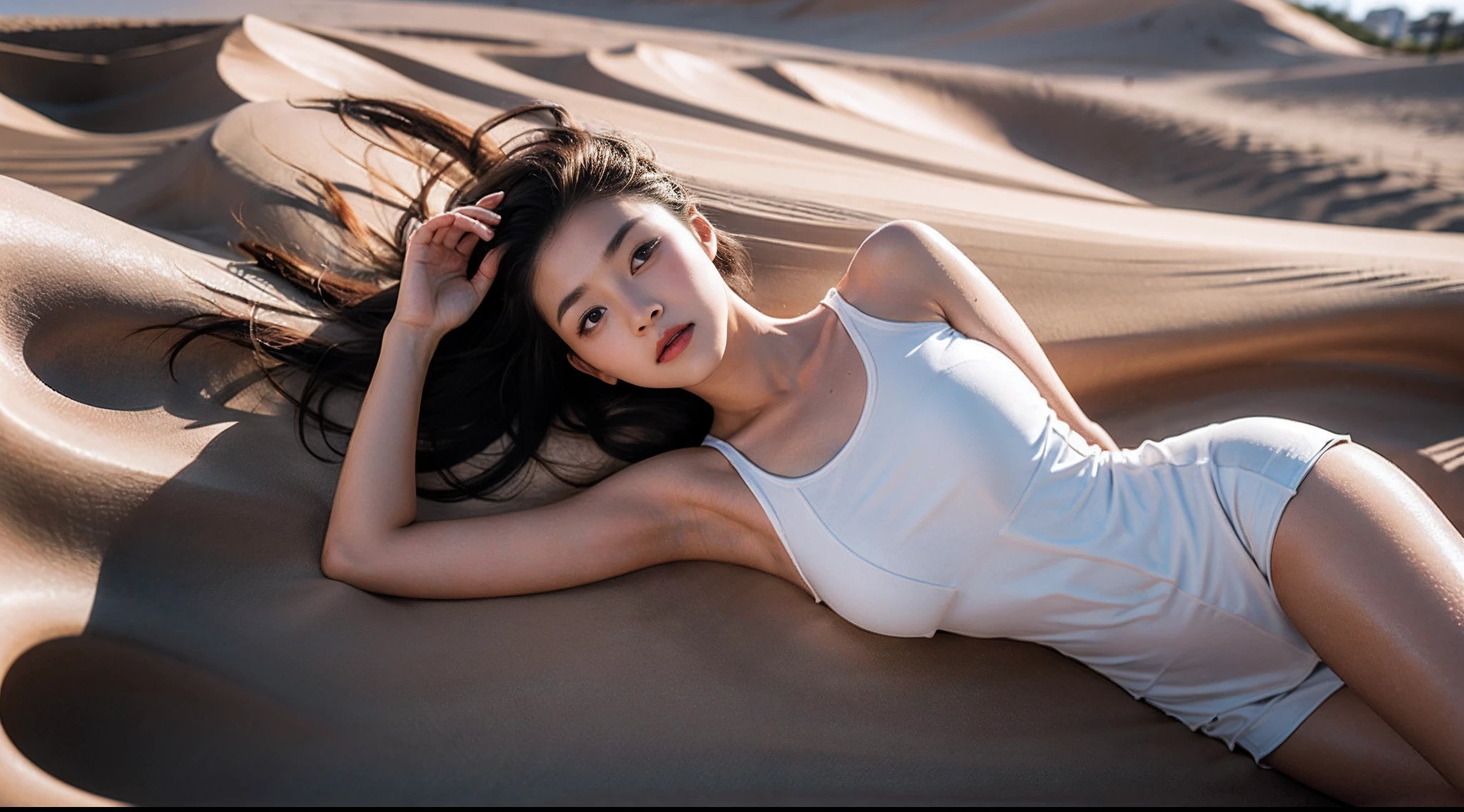Girl lying on a dune,Creative photography,sweat leggs,(Beautiful body curves:1.2),perfect bodies,Realistic lighting,(Focus on the face),(The face is rich in detail),(HD imaging:1.3),Oily skin,Harnes,short skirt
