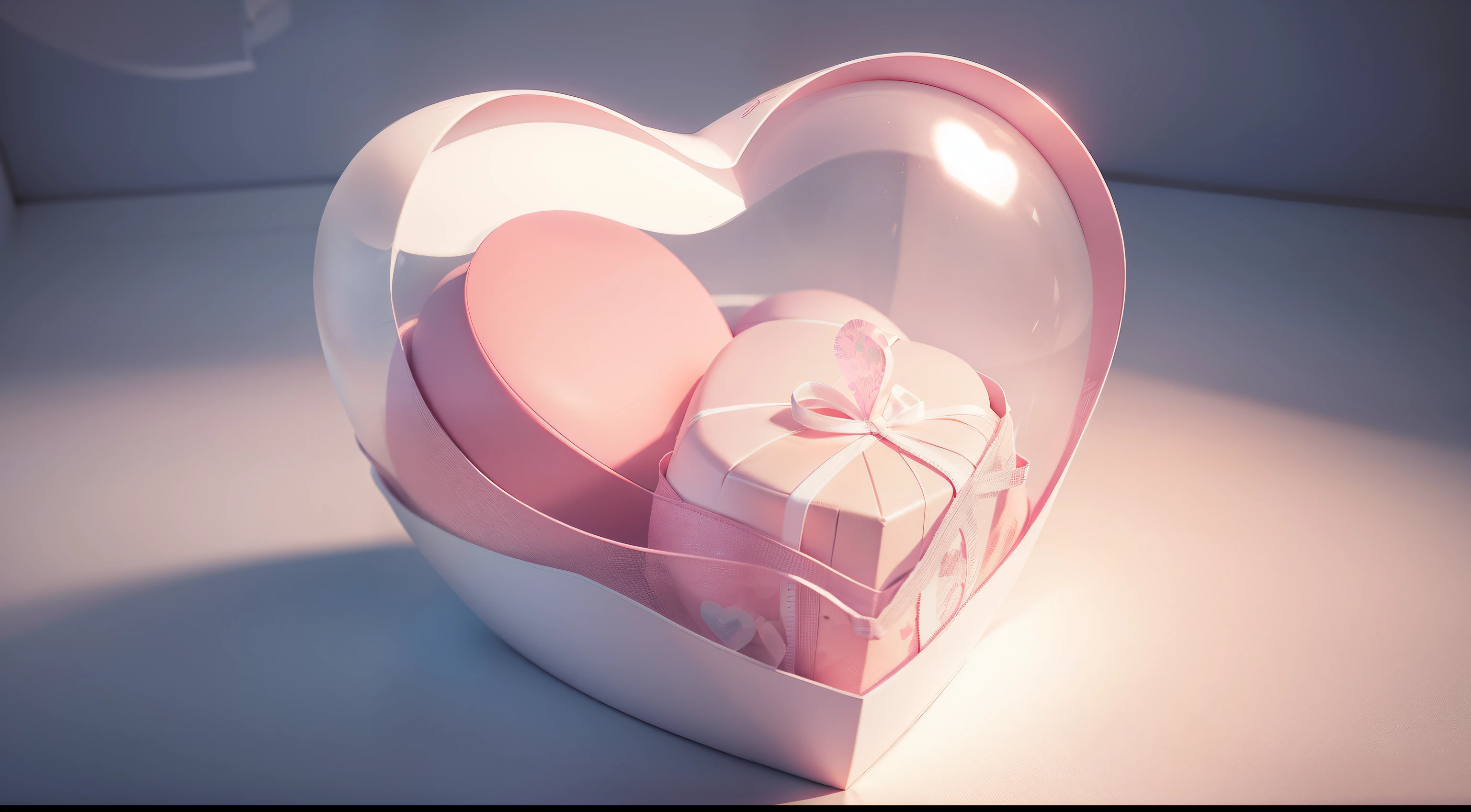 There is a white glass box、Inside is a pink heart-shaped balloon、3D style、OC rendering、White minimalist background