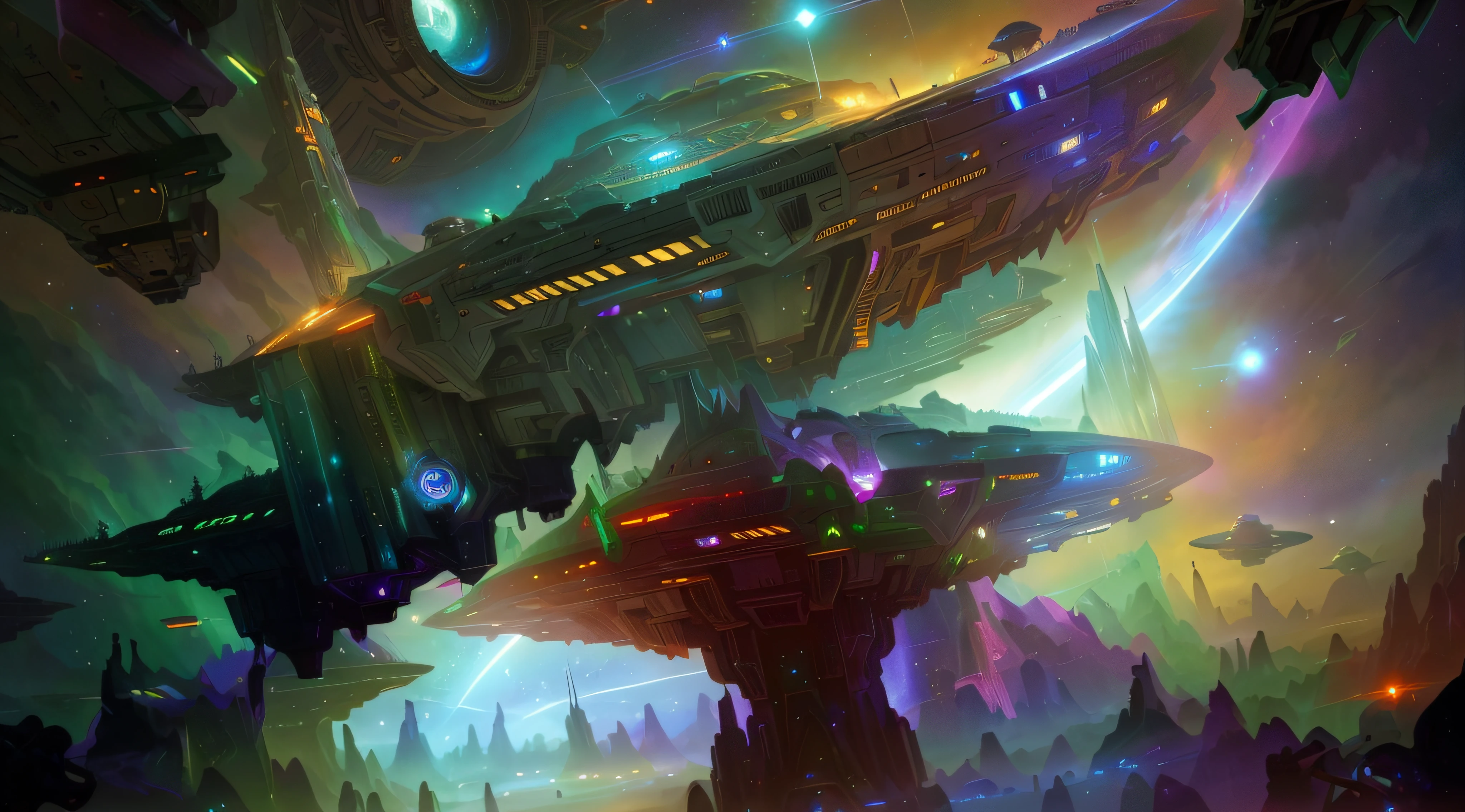 spaceships flying over a futuristic city with a mountain in the background, epic fantasy sci fi illustration, sci-fi fantasy wallpaper, sci-fi digital art illustration, sci fi artwork, alien space ships, detailed sci-fi art, epic scifi fantasy art, sci fi digital painting, sci-fi digital painting, beautiful sci fi art, scifi art