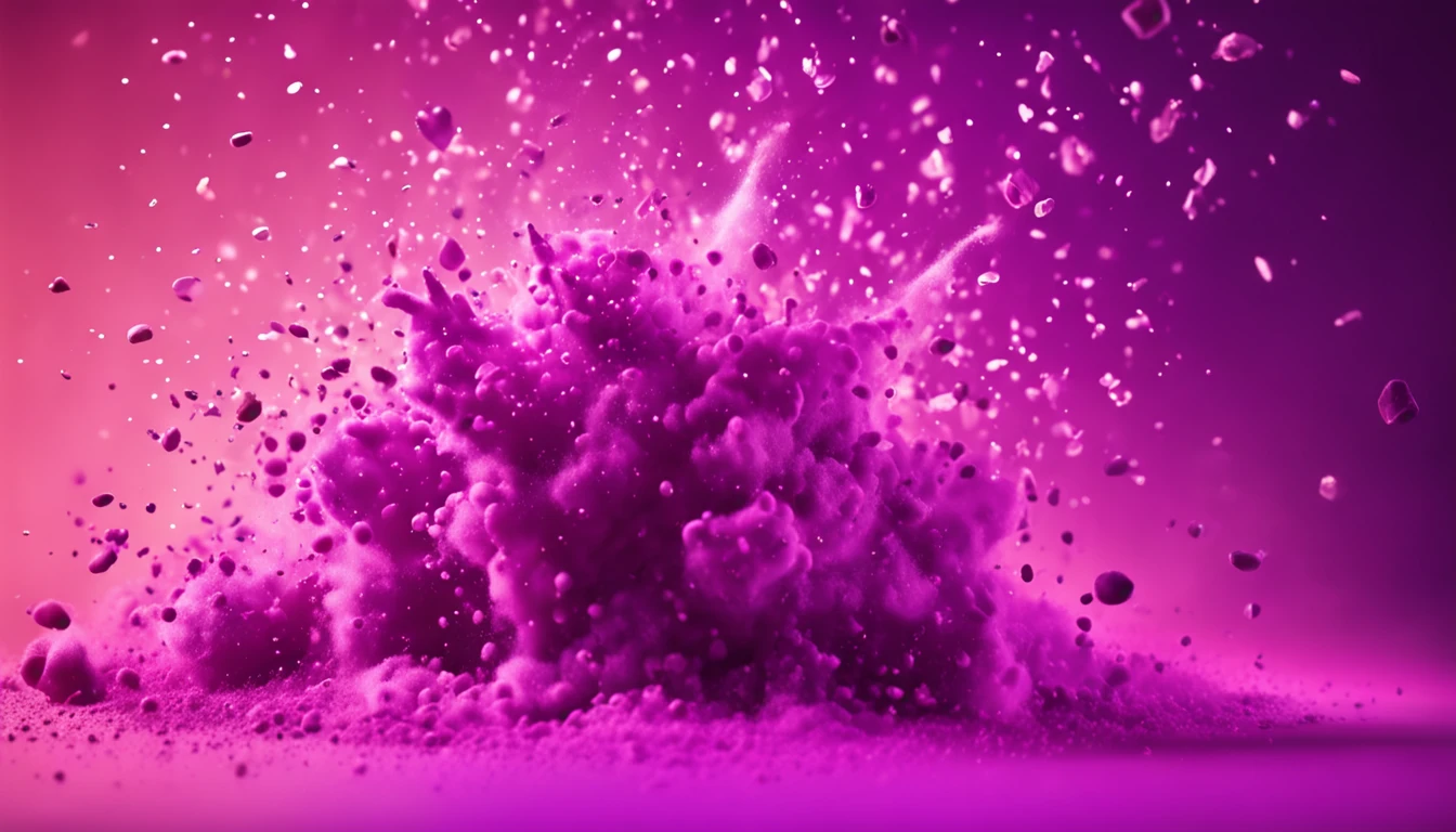 Commercial photography, powerful explosion of purple dust, designer lipstick, white lighting, studio light pastel background, high resolution photography