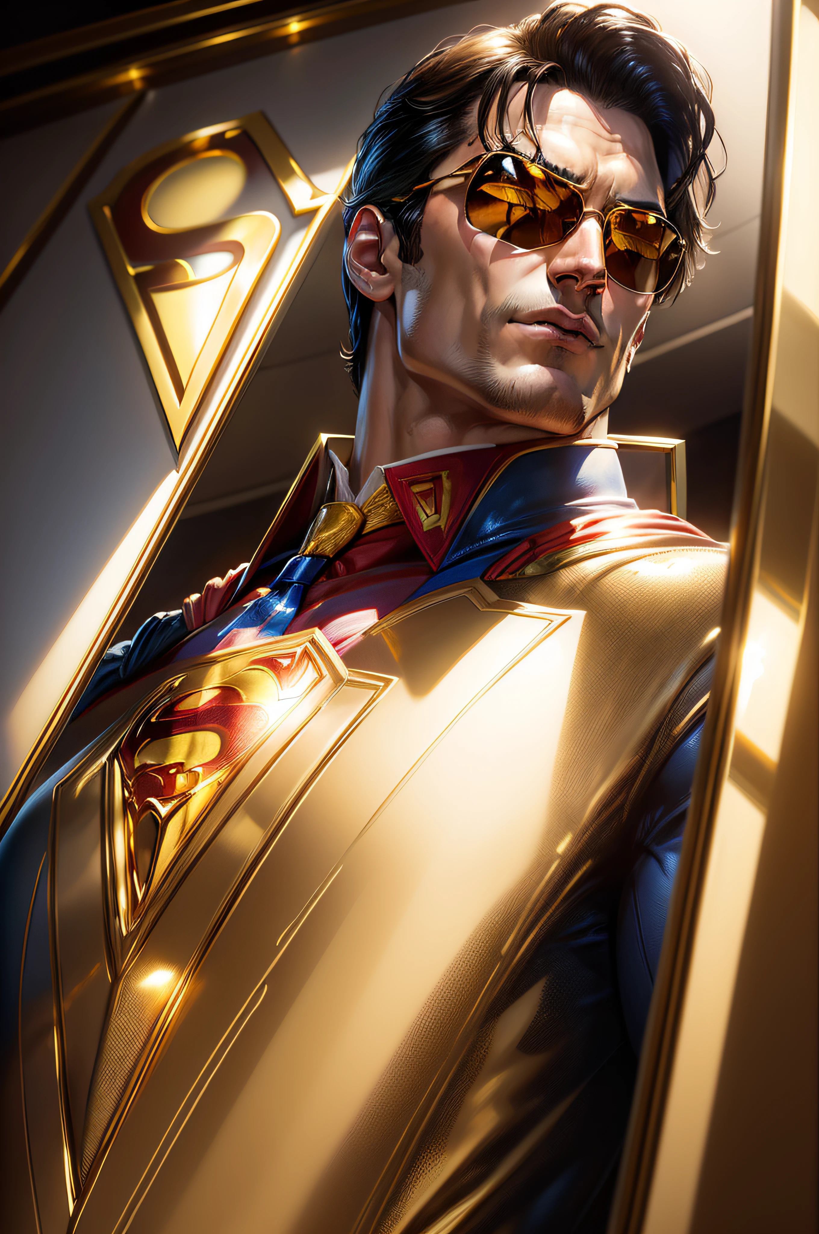 (SUPERMAN) (masterpiece, best quality, realistic, detailed, crisp:1.2), intricate details, golden Tech, (low angle, picture),, (gold suit, yellow necktie, sunglasses, hands on chest), gleam, shine, backlighting--control_v11f1e_sd15_tile [a371b31b]---DPM++ SDE Karras