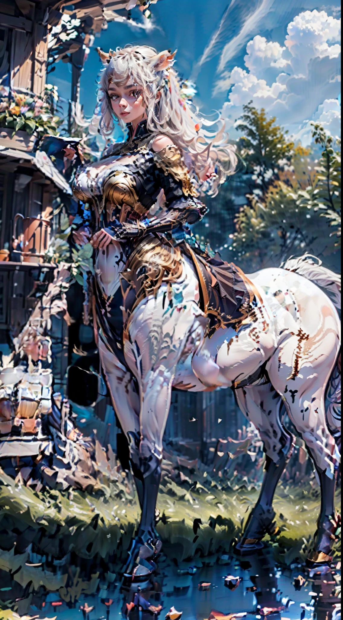 （A female centaur：1.5），She is both（Female: Centaur, half human, half horse, half horse, half horse：1.5），It is also a female Yingzhao。She blends both images，The first is：（（The head of the horse/neck/Shoulder these parts，Replaced with a beautiful female human upper body）：9.9），'s（Female, half-centaur, half-human, half-horse, half-human：1.5），The second is：（（The head of the horse/neck/lower back/hason/gluteal/Shijo Thigh Female Embodiment）：9.9），'s（Seamless chimera of a female half-horse with a beauty：9.9），（It's like a chimera of a female human and a half-horse costume：9.9），This chimerism is based on a strong future（Technologie：1.5）above。The ultra-wide-angle lens captures the image of her beautiful and ethereal wings on the ionosphere launching a super-high-speed charge and leaping。Her front half is distinctly feminine，Tall sexy body，possessed（K cup giant coconut tit chest：9.9），Has（Narrowed small brute waist 5.5）、Butterfly cross、（Long legs：9.9），The embedded interface of the bent female metamorphosis part of the back half of the body is at the hip position of the front half of the body。（The horse-shaped, half-horse torso form of her back body is completely female humanization9.9）。Translucent fluid flowing from the（Narrowed sternum 5.5）The upper end begins to embed the chest cavity of a woman in the shape of a bent dog style at the back of the beautiful woman's body/lower back/Ventral transverse。Then there are the sexy beauty's upright hips，（Her entire body has been completely female and replaced by a female body：9.9），Including the half-horse part。Mechanized armor covers the legs with knee-shaped anti-joints and feet，And these parts are highly anthropomorphic，This makes her legs graceful and slender，Her four horse legs exploded in length proportions and was slender and toned，Under the legs are skinny white feet dressed in Skyscraper Heels，Use Midjourney's advanced stroke tools and color palettes, as well as texture packs, model packs, and texture tools，Concentration，Include