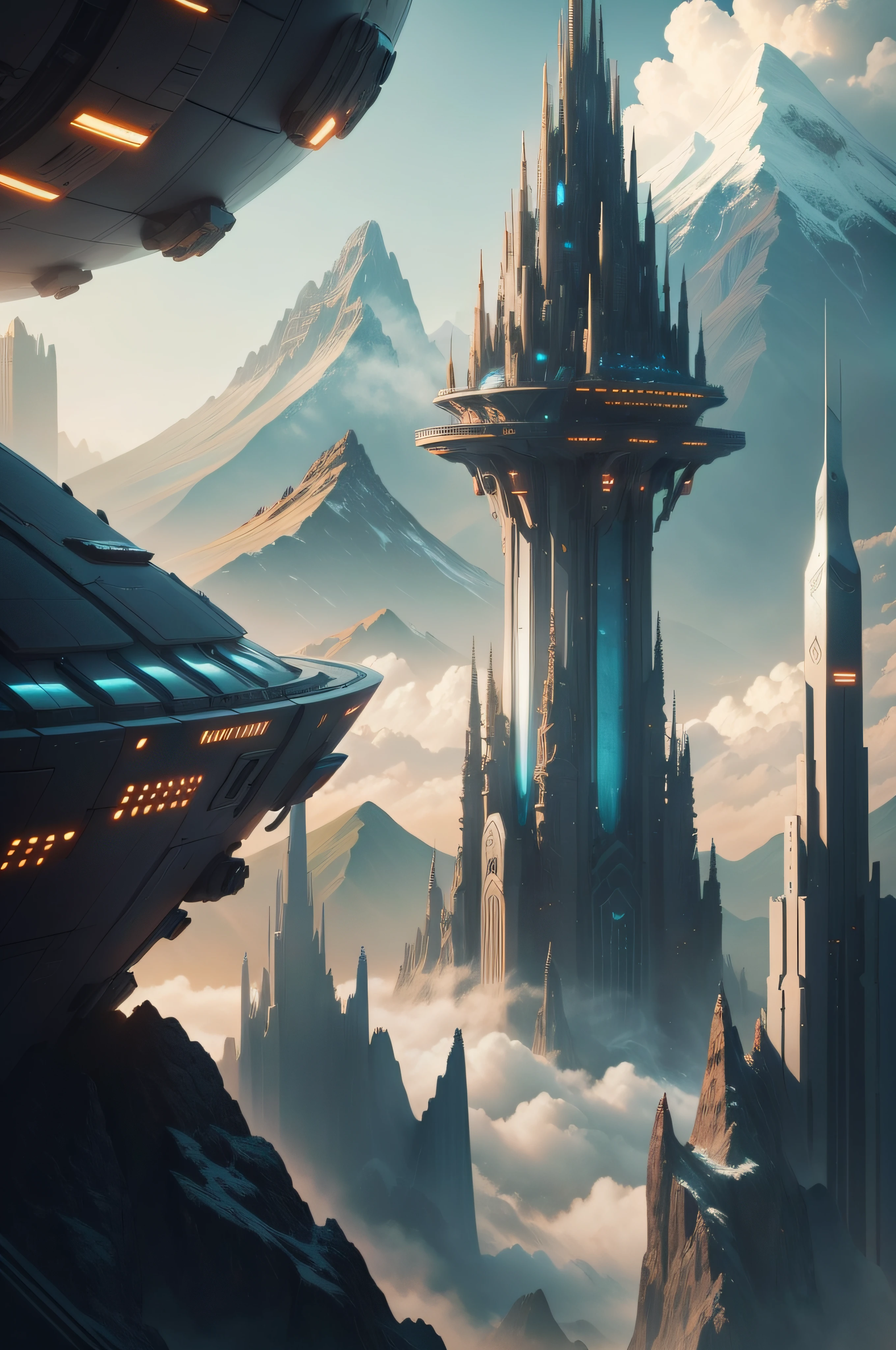 spaceships flying over a futuristic city with a mountain in the background, epic fantasy sci fi illustration, sci-fi fantasy wallpaper, sci-fi digital art illustration, sci fi artwork, alien space ships, detailed sci-fi art, epic scifi fantasy art, sci fi digital painting, sci-fi digital painting, beautiful sci fi art, scifi art