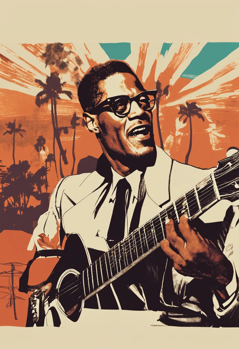 Malcolm X singing in a joyous show playing guitar in daylight sunny summer with cigarette in mouth