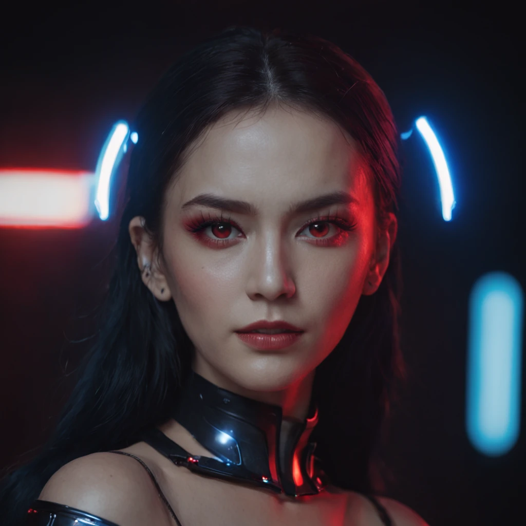 Close-up of a portrait of a woman，cyber punk perssonage，Wings of Magic，The devil incarnate，Dramatic lighting，Red and blue lights，darkly，divino，perfect compositions，cinmatic lighting，Ultra-delicate skin，Magical world，in the dark castle，A combination of magic and alien technology，Wings，sportrait，whaite hair，feathered wings，Magic and newcomers combined，Woman bust，mistic，Beutiful women，Dark environment，Divine light，cinematic compositions，perfect compositions，softlighting，Detail light，playful smile