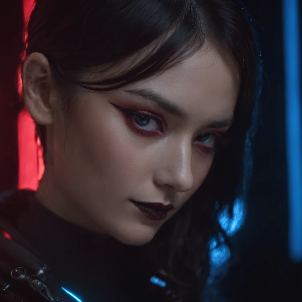 Close-up of a portrait of a woman,cyber punk perssonage,Wings of Magic,The devil incarnate,Dramatic lighting,Red and blue lights,darkly,divino,perfect compositions,cinmatic lighting,Ultra-delicate skin,Magical world,in the dark castle,A combination of magic and alien technology,Wings,sportrait,whaite hair,feathered wings,Magic and newcomers combined,Woman bust,mistic,Beutiful women,Dark environment,Divine light,cinematic compositions,perfect compositions,softlighting,Detail light,playful smile
