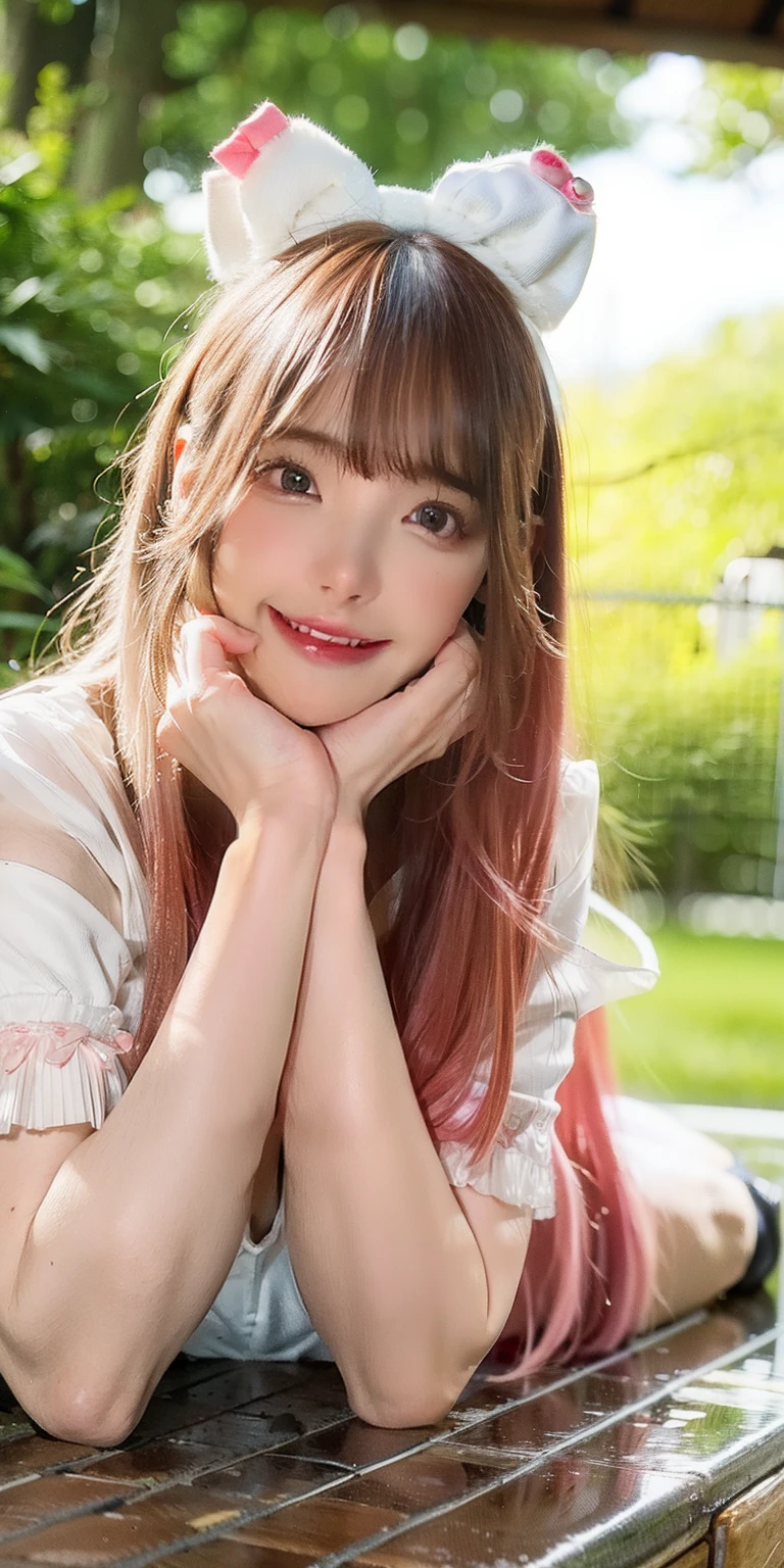 (8K, 4K, Best Quality, hight resolution:1.2), (maasterpiece, Realistic, photographrealistic:1.37), 1girl in, Solo, Beautiful face, Eyelashes, Nose, Glossy lips, (Detailed eyes, Looking at Viewer, Fair skin, White skin:1.5), fine complexion, Upper body,
Large breasts, busty, , (:1.5),
outdoor bath,
two side up, absurdly long hair, Blonde hair, Pink hair, Bangs, Hair Ornament, Bow,
Younger, aged down,