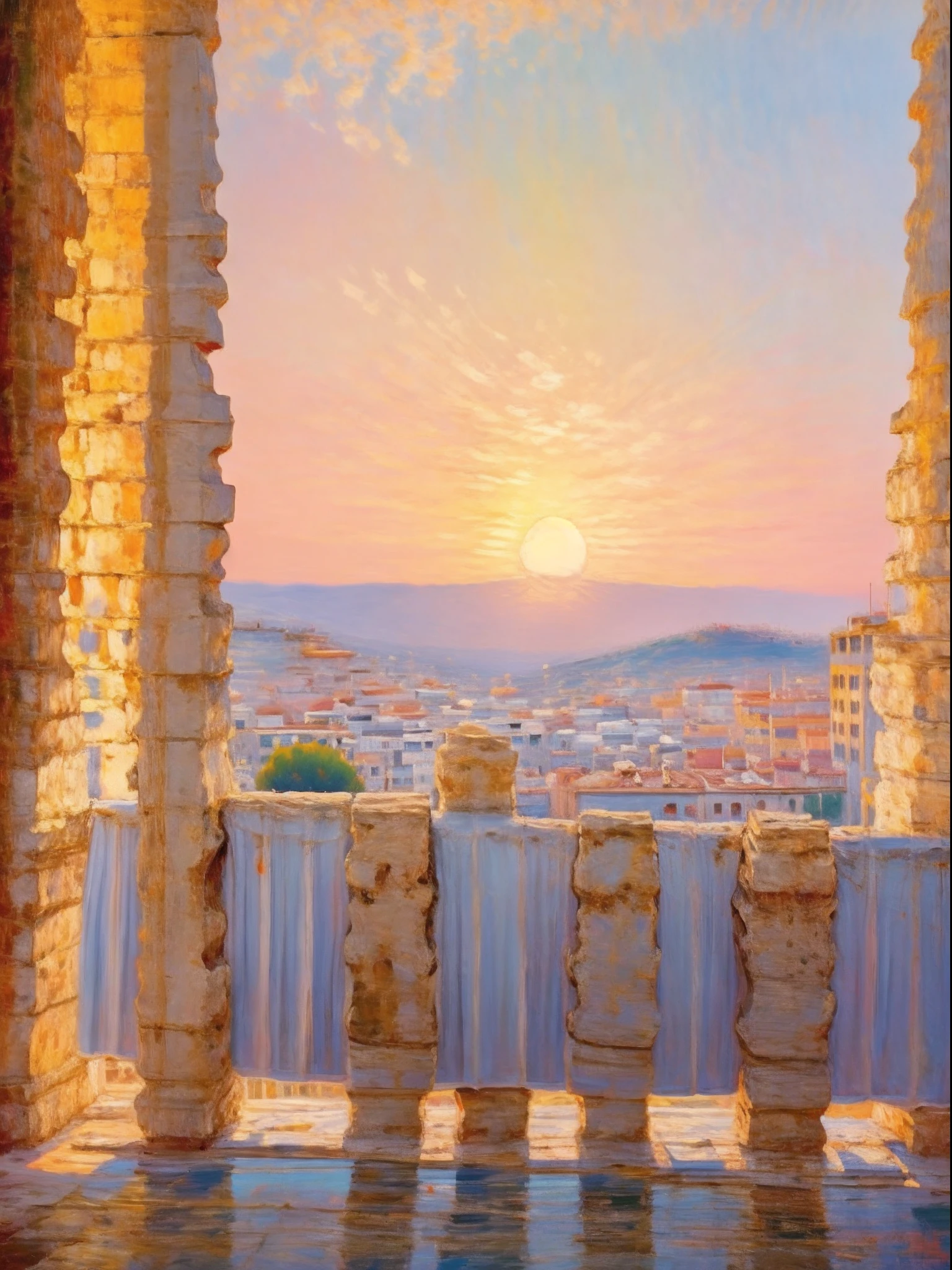 best quality, sunset in athens, oil paint style