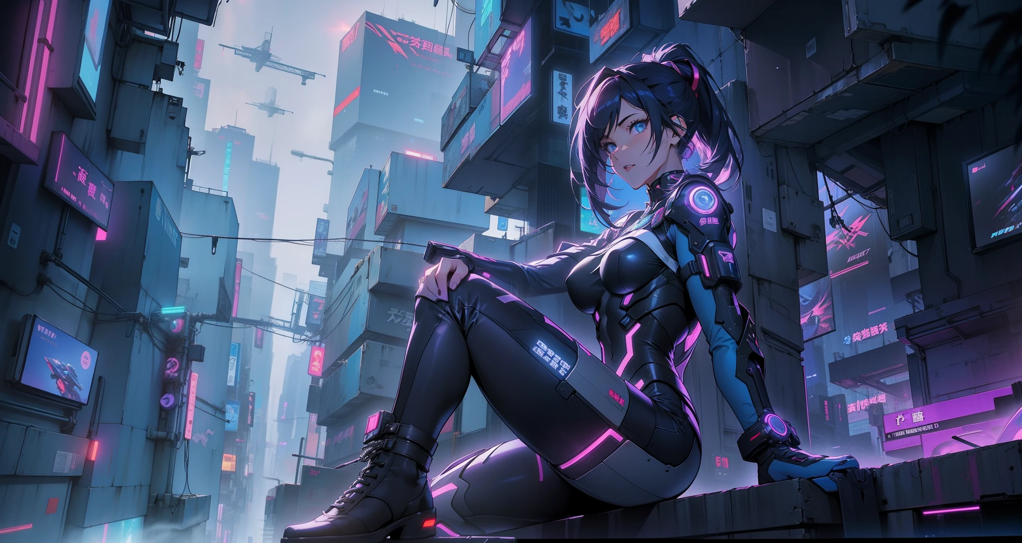 Cyber girl sitting on a ledge in the city at night。Cyberpunk anime art envelops her as digital worlds intersect。Modern cyberpunk art style illuminated by neon lights、It depicts a fusion of an anime girl and a mecha.。This art with a cyberpunk theme is、Feel like a dreamy future。With the scenery of a cyberpunk city lined with skyscrapers、Her presence is enchanting,、It seems to be wrapped in a mysterious magic。