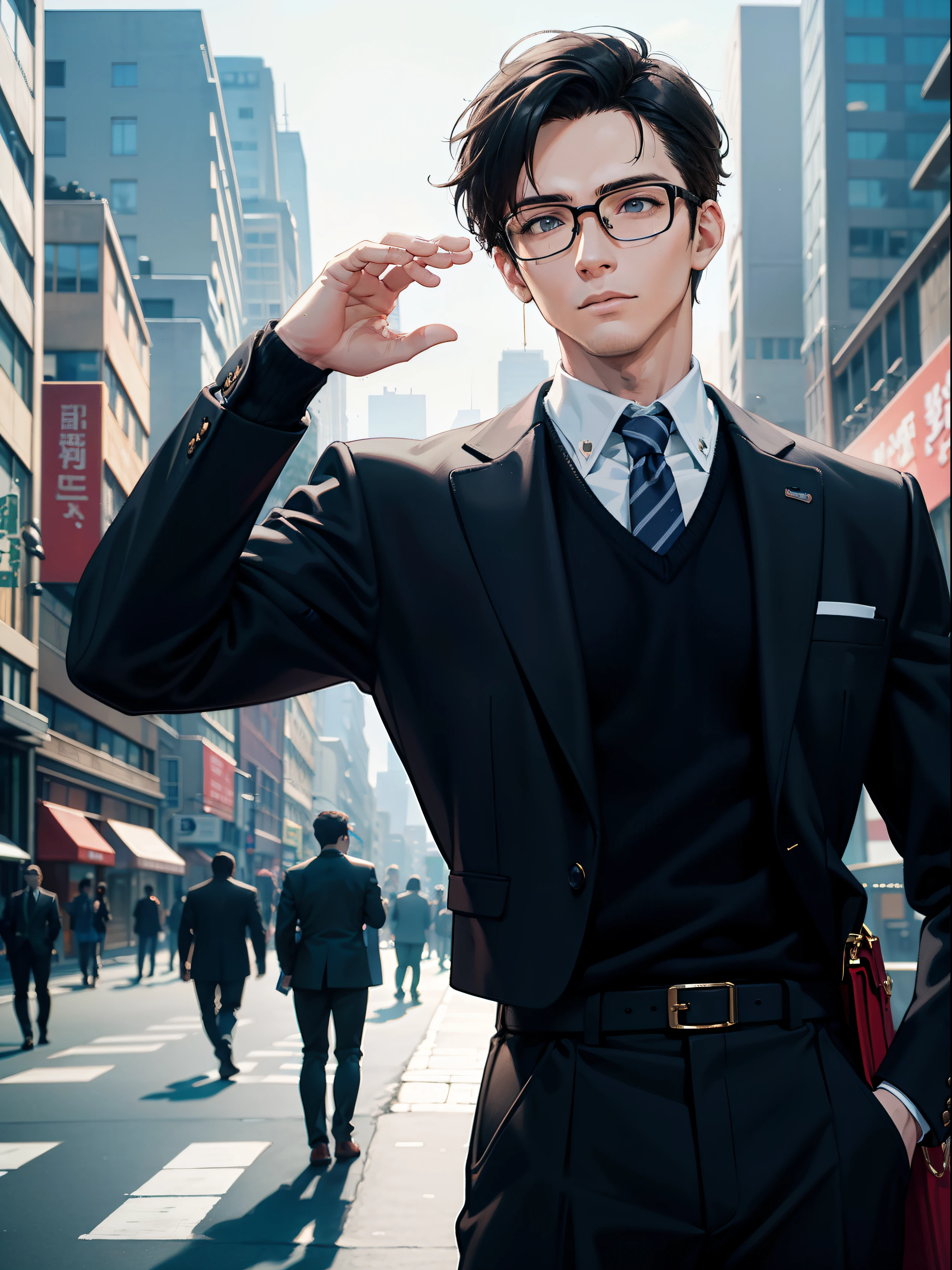 masterpiece, top-quality, male people,, Adults, well-muscled,Solid body shape,, Big eyes and detailed face, intricate detailes, suits , Modern urban street,eye glasses,short-haired,short-cut