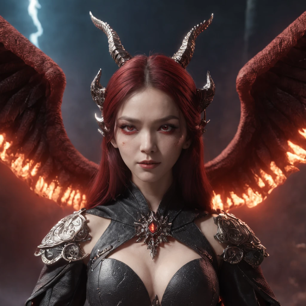 (Many award-winning masterpieces,The details are incredible, textures and maximum detail), (Hyper-realistic: 1.4), (Realistic: 1.3), ((((Front bust)))))(cyber punk perssonage),Wings,Castle building,Mechanical dare,A combination of futuristic technology and magic,(Highest quality authentic textured skin), Fantasy theme, Black clothes, Black cloak, Network elements, Red light, Blue light, finerly detailed face, ((medieval world)),A close-up of a woman,(Lord's Flame Demon)), (((Lord's Hellfire Demon))) (With a mischievous smile on his face), (Glowing eyes in the dark: 1.5), (A pair of black eyes,A strong red light is emitted from the inside) :1.5), (full-body standing image: 1.5), (Dramaticlight), Wings, (A majestic sight), (Her face is gentle and beautiful, but somehow terrifying), Ears Wear glass earrings, (Dramatic photo: 1.4), (Full body portrait: 1.5), ((dramatic pose)), (blond hairbl), (Silver hair), (Maroon hair), Short hair, ((Looking up)) , ((Look down)), (A simple necklace of exquisite workmanship hangs around the neck), (Bioluminescence that emits a bright glow: 1.3), (Use gorgeous fire magic: 1.2), (swirling fire), Devil's Cathedral, The Devil's Grand Shrine, great temple, great cathedral, Temple ruins, Freestanding temple, (Luminous magic circle), Ancient Castle Site, Shine majestic clouds and sky, Lightning, Epic reality, fading, art, (greg rutkovsky: 0.8), (Teal and orange: 0.4), (art stations: 1.5), Cinematic, ((com cores neutras)), (hdr: 1.5), (Pastel colors: 1.2), Ultra detailed, Dramaticlight, (complexdetails: 1.1), the complex background,