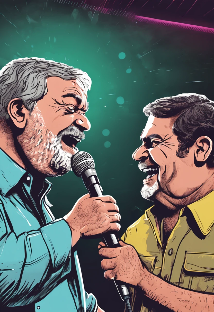 hyper realista presidente luiz inacio lula da silva e presidente jair messias bolsonaro, um contra o outro ,in a karaoke battle with microphone in hand