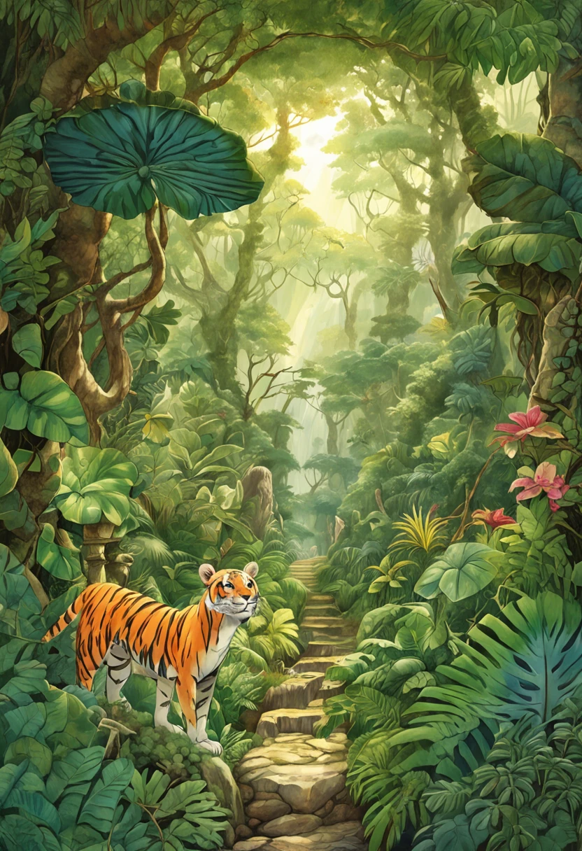Digital illustration, Detailed and intricate, The dense jungle is full of exotic plants and animals, Sunlight shines through the canopy,Produces a mottled effect. In the style of Yoshitaka Amano and Hayao Miyazaki, Masterpiece, Proportional, Detailed, trending on artstationh, Beautiful lighting, Realistic, Intricate, Award-Awarded, 4K, Highest quality