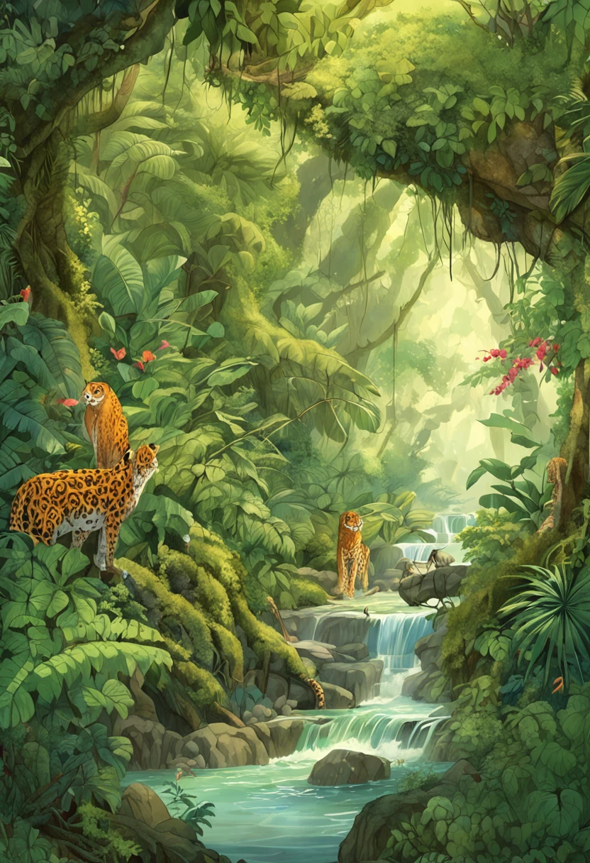 Digital illustration, Detailed and intricate, The dense jungle is full of exotic plants and animals, Sunlight shines through the canopy，Produces a mottled effect. In the style of Yoshitaka Amano and Hayao Miyazaki, Masterpiece, Proportional, Detailed, trending on artstationh, Beautiful lighting, Realistic, Intricate, Award-Awarded, 4K, Highest quality