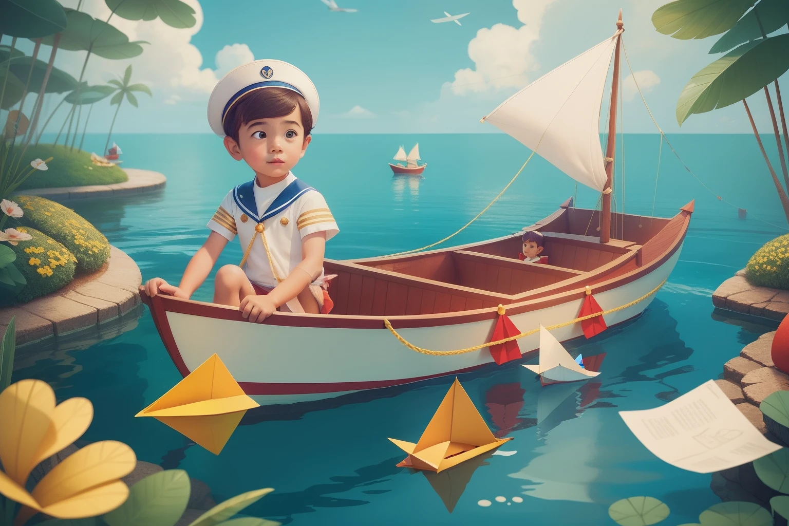 Amidst a whimsical Wes Anderson carnival, a boy with a sailor outfit and a paper boat floats in a fantasy-filled dream, his face reflecting childlike wonder and imagination.