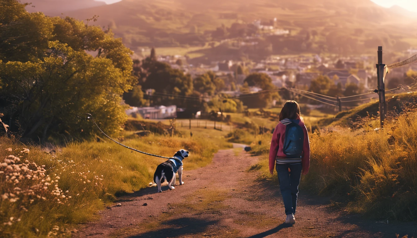 A girl leads a dog,Walking on country paths,There is an electric lamppost next to it