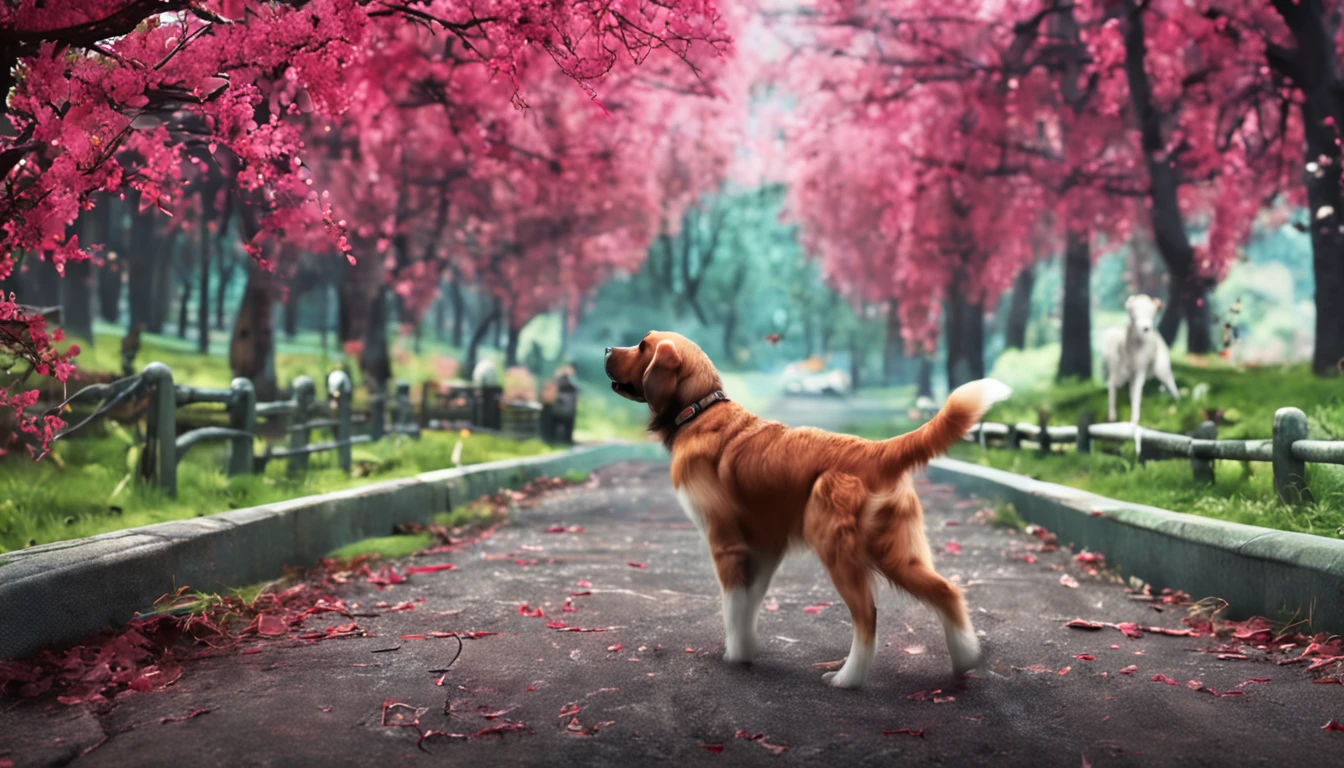 A girl leads a dog，Walking on country paths，There is an electric lamppost next to it