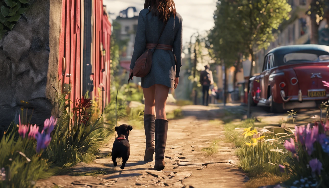 A girl leads a dog,Walking on country paths,There is an electric lamppost next to it
