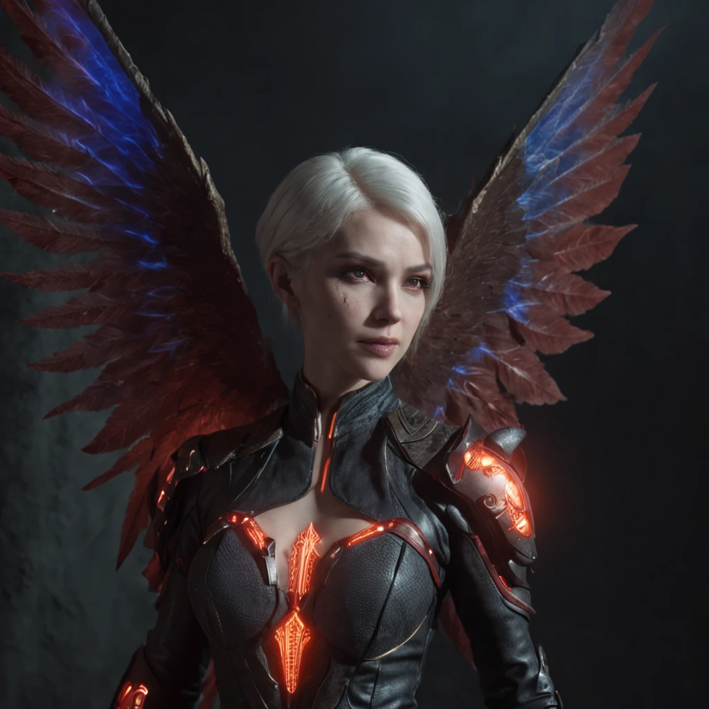 Close-up of a portrait of a woman,cyber punk perssonage,Wings of Magic,The devil incarnate,Dramatic lighting,((((Half-life image on the front)))),Red and blue lights,darkly,divino,perfect compositions,cinmatic lighting,Ultra-delicate skin,Magical world,in the dark castle,A combination of magic and alien technology,Wings,sportrait,whaite hair,Feathered wings,Magic and newcomers combined,Woman bust,mistic,Beutiful women,Dark environment,Divine light,cinematic compositions,perfect compositions,softlighting,Detail light,Playful smile,(Many award-winning masterpieces,The details are incredible, textures and maximum detail), (Hyper-realistic: 1.4), (Realistic: 1.3), ((((Front bust)))))(cyber punk perssonage),Wings,Castle building,Mechanical dare,A combination of futuristic technology and magic,(Highest quality authentic textured skin), Fantasy theme, Black clothes, Black cloak, Network elements, Red light, Blue light, finerly detailed face, ((medieval world)),A close-up of a woman,(Lord's Flame Demon)), (((Lord's Hellfire Demon))) (With a mischievous smile on his face), (Glowing eyes in the dark: 1.5), (A pair of black eyes,A strong red light is emitted from the inside) :1.5), (full-body standing image: 1.5), (Dramaticlight), Wings, (A majestic sight), (Her face is gentle and beautiful, but somehow terrifying), Ears Wear glass earrings, (Dramatic photo: 1.4), (Full body portrait: 1.5), ((dramatic pose)), (blond hairbl), (Silver hair), (Maroon hair), Short hair, ((Looking up)) , ((Look down)), (A simple necklace of exquisite workmanship hangs around the neck), (Bioluminescence that emits a bright glow: 1.3), (Use gorgeous fire magic: 1.2), (swirling fire), Devil's Cathedral, The Devil's Grand Shrine, great temple, great cathedral, Temple ruins, Freestanding temple, (Luminous magic circle), Ancient Castle Site, Shine majestic clouds and sky, Lightning, Epic reality, fading, art, (greg rutkovsky: 0.8), (Teal and orange: 0.4), (art stations: 1.5), Cinematic, ((com cores neutras)), (hdr: 1.5), (Pastel colors: 1.2), Ultra detailed, Dramaticlight, (complexdetails: 1.1), the complex background,